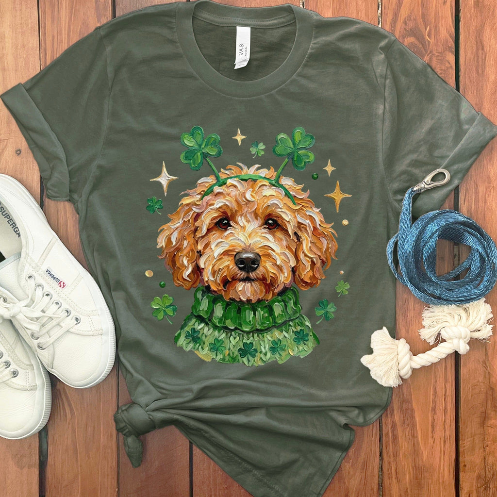 Lucky Apricot Goldendoodle T-Shirt in Military Green / S by Puppy Jo