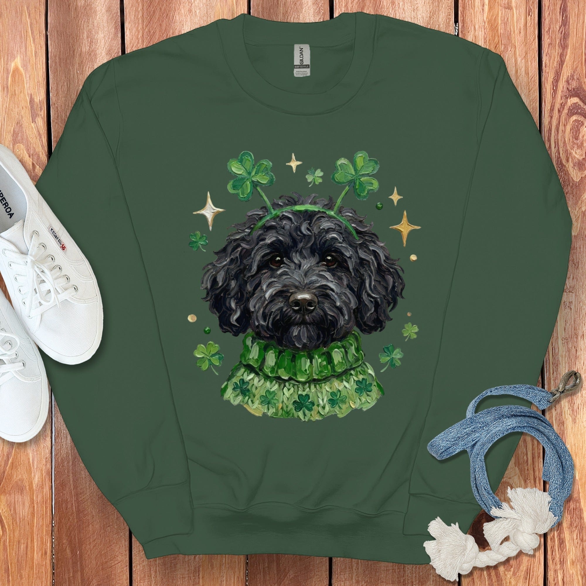 Lucky Black Goldendoodle Sweatshirt in Forest Green / S by Puppy Jo