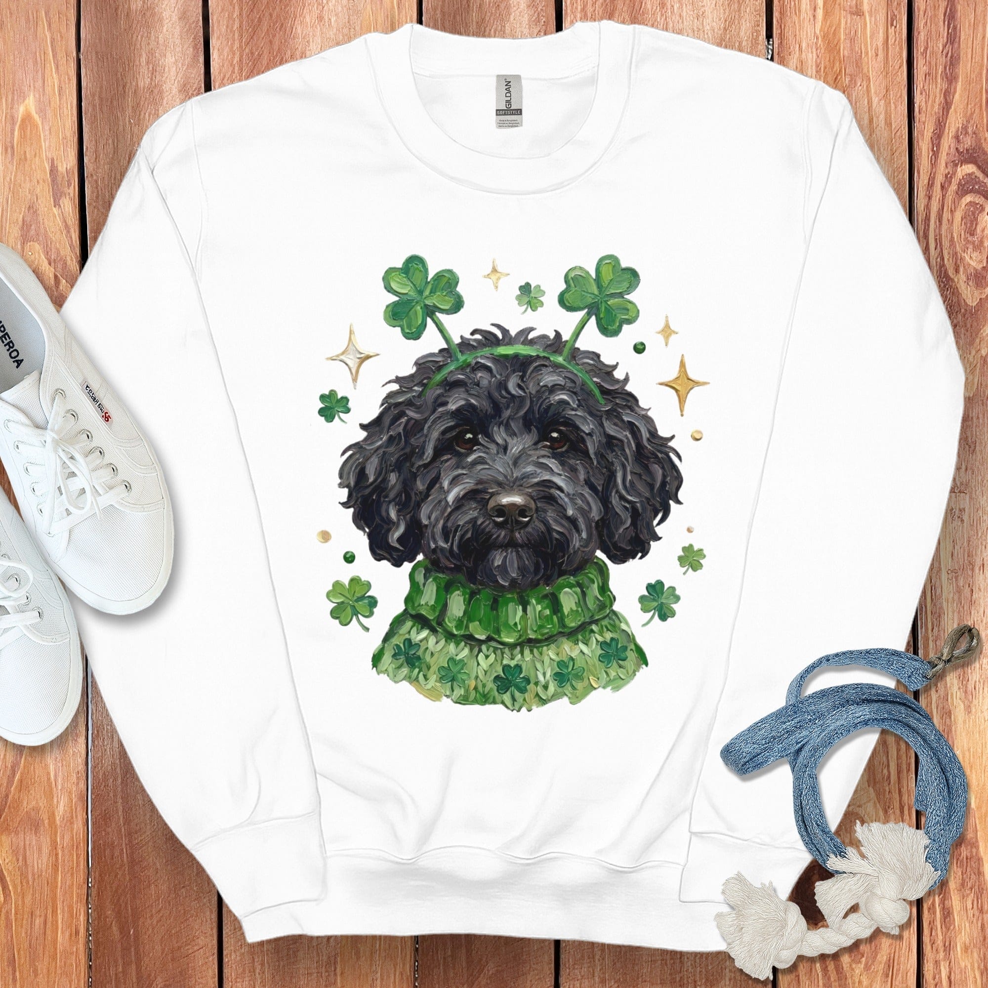 Lucky Black Goldendoodle Sweatshirt in White / S by Puppy Jo