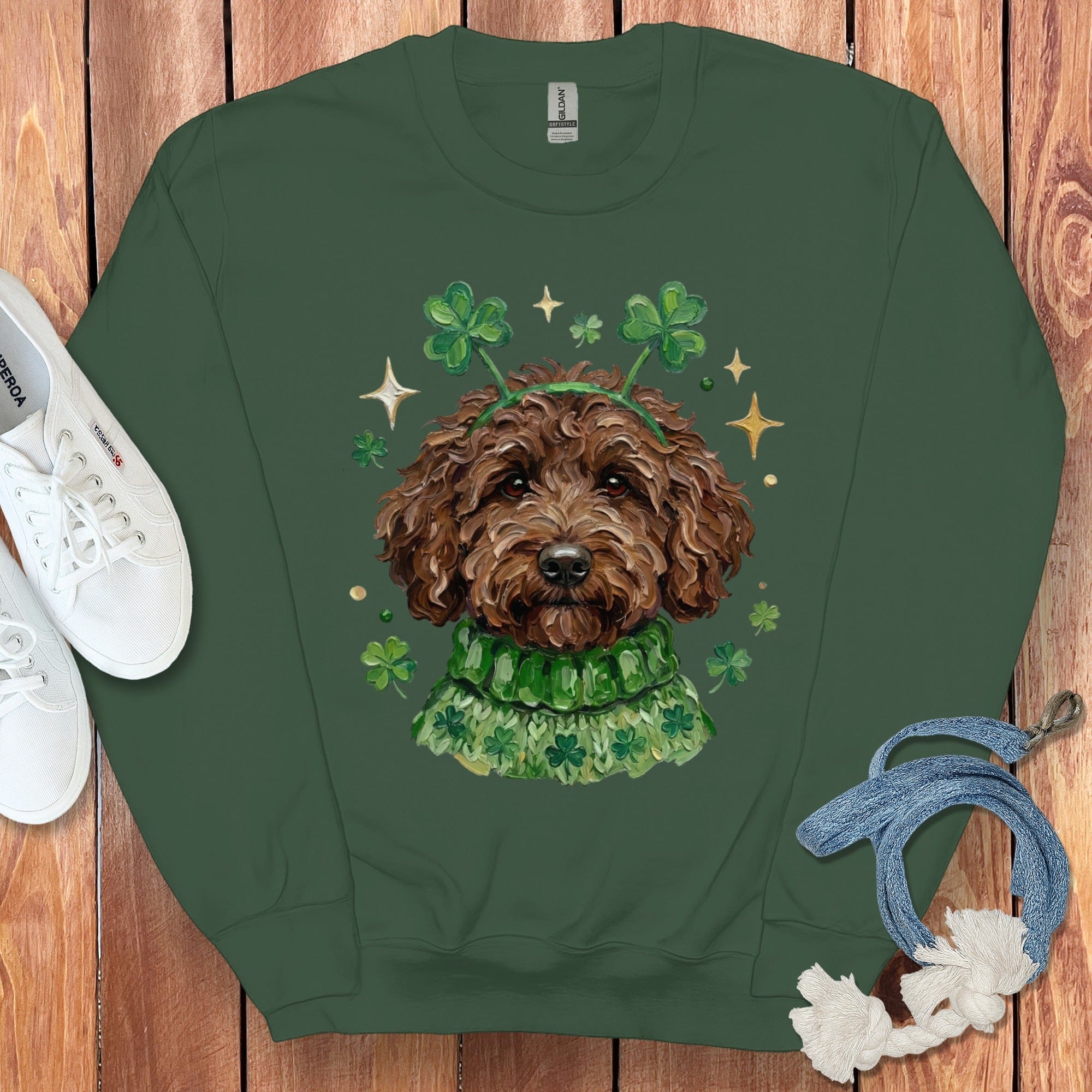Lucky Chocolate Goldendoodle Sweatshirt in Forest Green / S by Puppy Jo