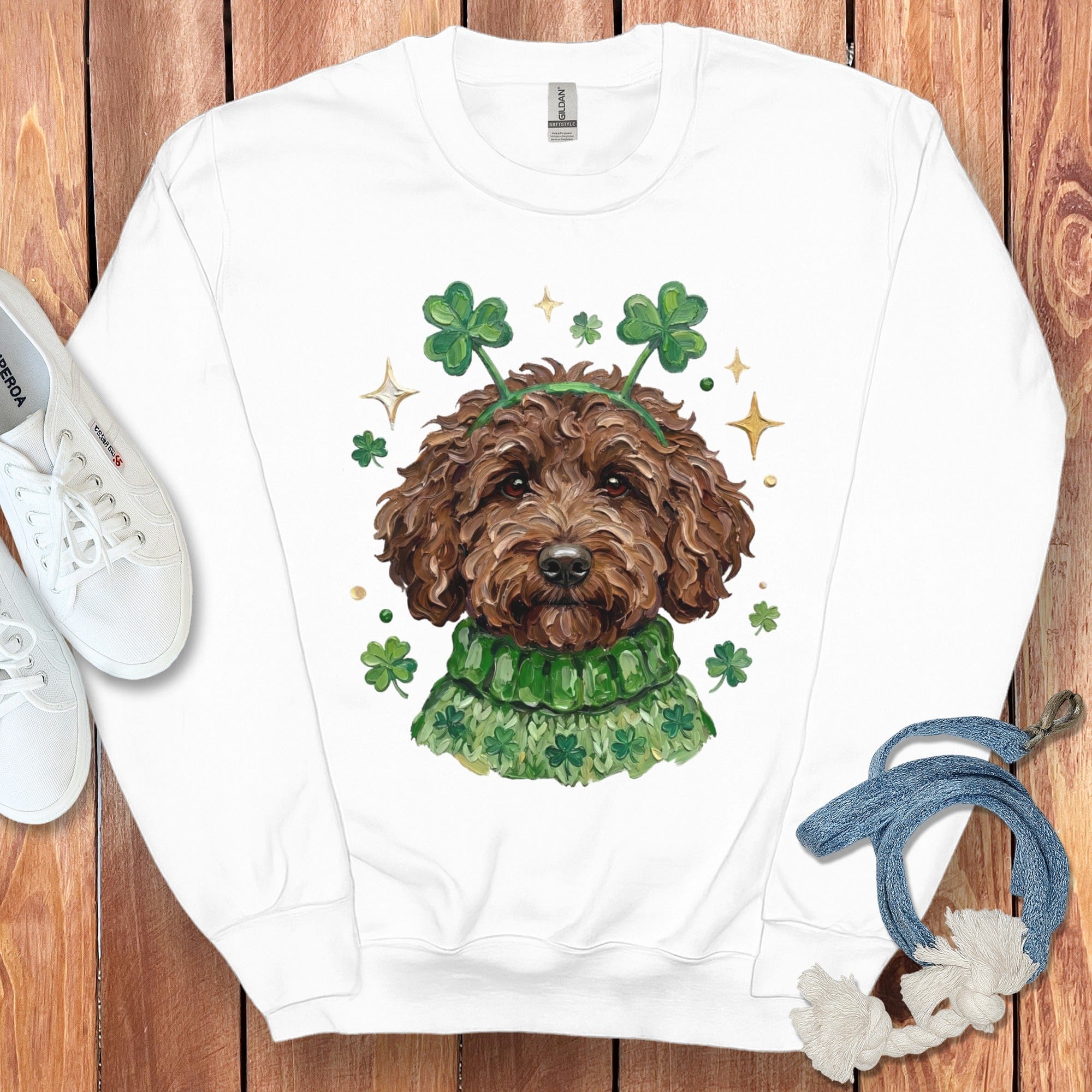 Lucky Chocolate Goldendoodle Sweatshirt in White / S by Puppy Jo