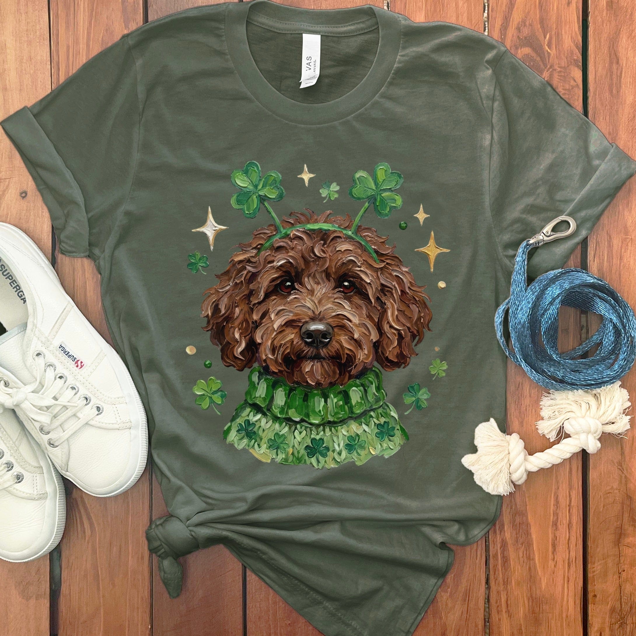 Lucky Chocolate Goldendoodle T-Shirt in Military Green / S by Puppy Jo