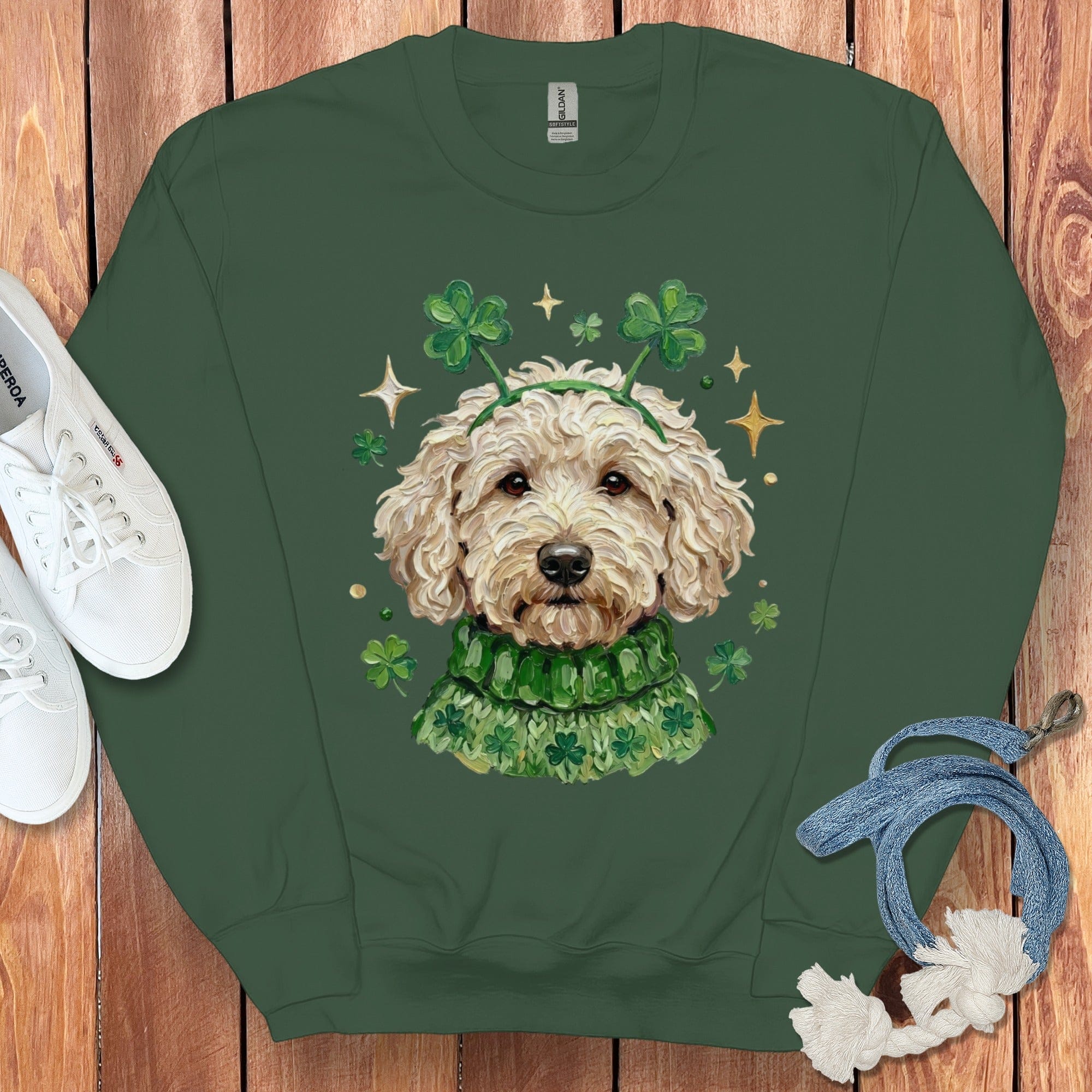 Lucky Cream Goldendoodle Sweatshirt in Forest Green / S by Puppy Jo