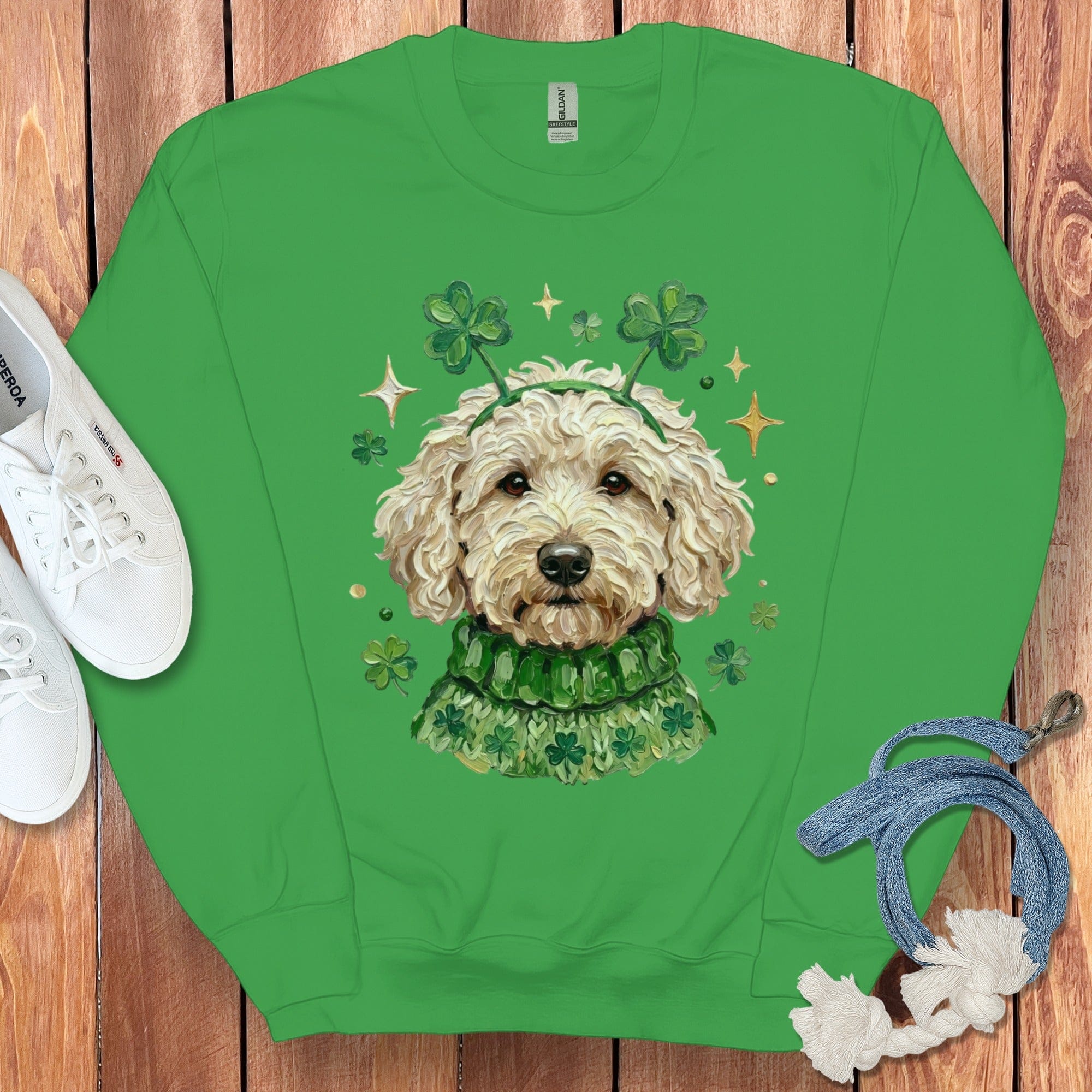 Lucky Cream Goldendoodle Sweatshirt in Irish Green / S by Puppy Jo