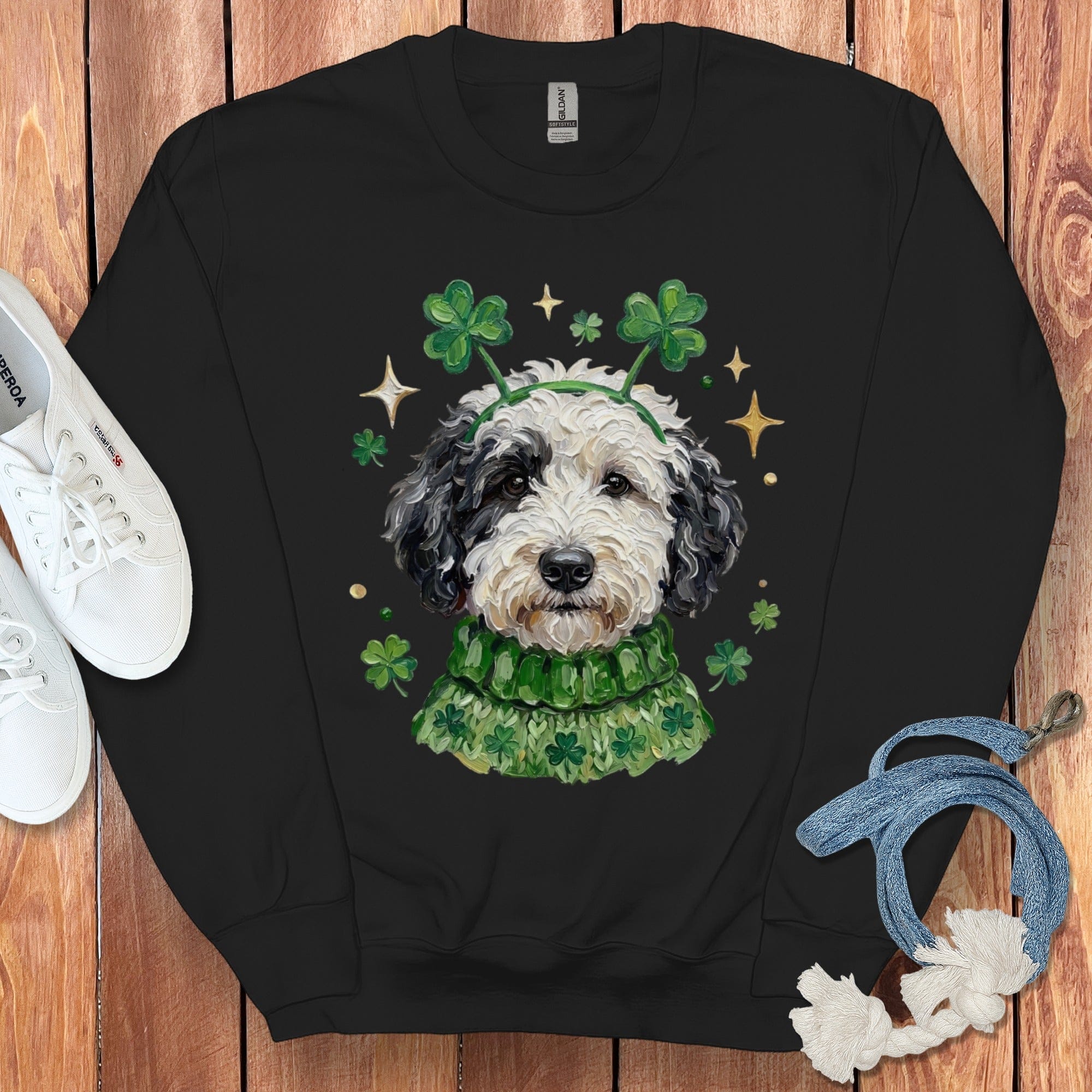 Lucky Parti Goldendoodle Sweatshirt in Black / S by Puppy Jo