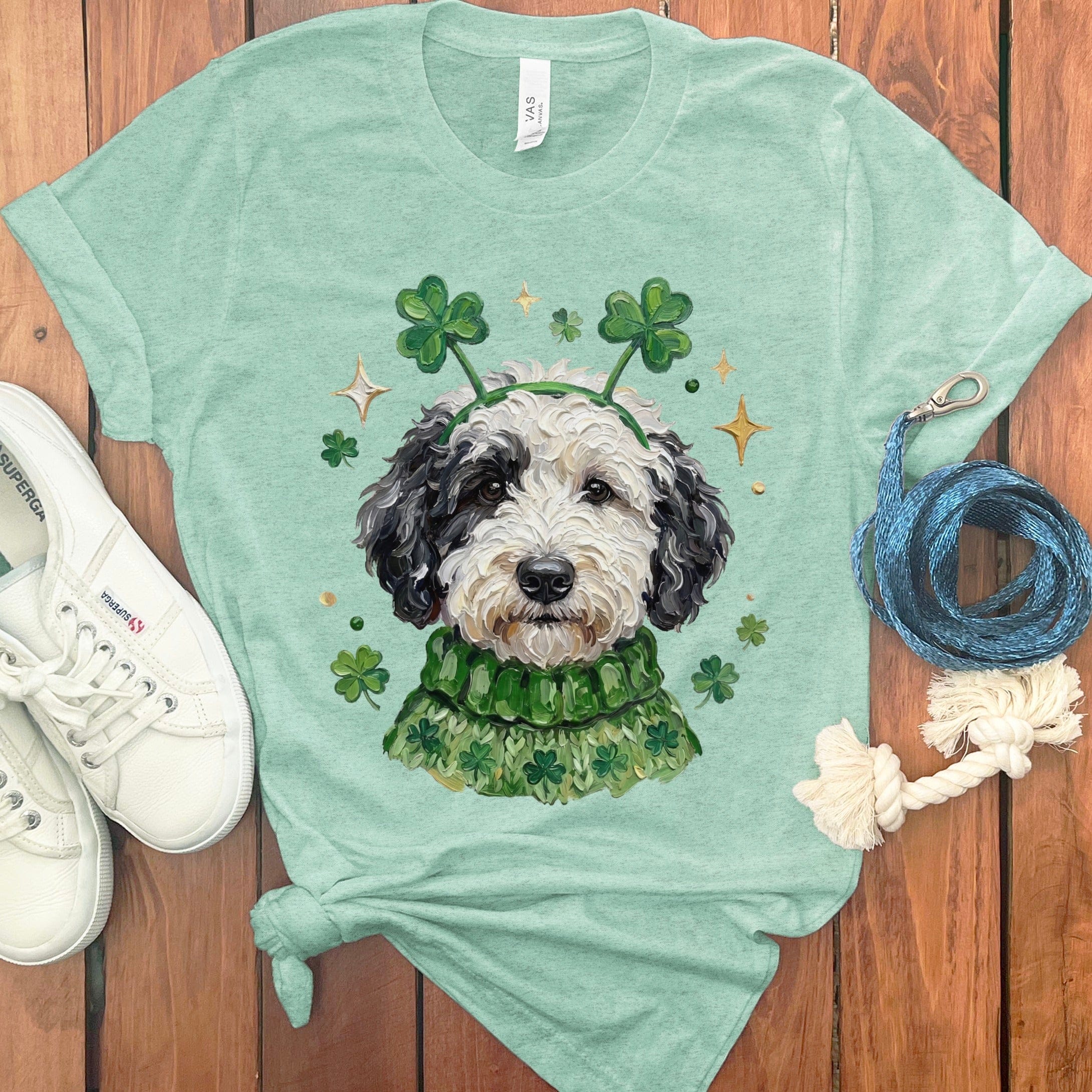 Lucky Parti Goldendoodle T-Shirt in Heather Mint / S by Puppy Jo