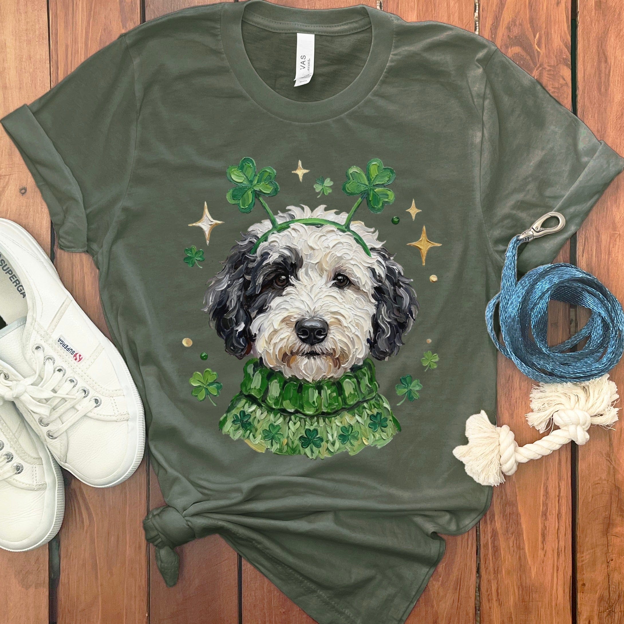 Lucky Parti Goldendoodle T-Shirt in Military Green / S by Puppy Jo