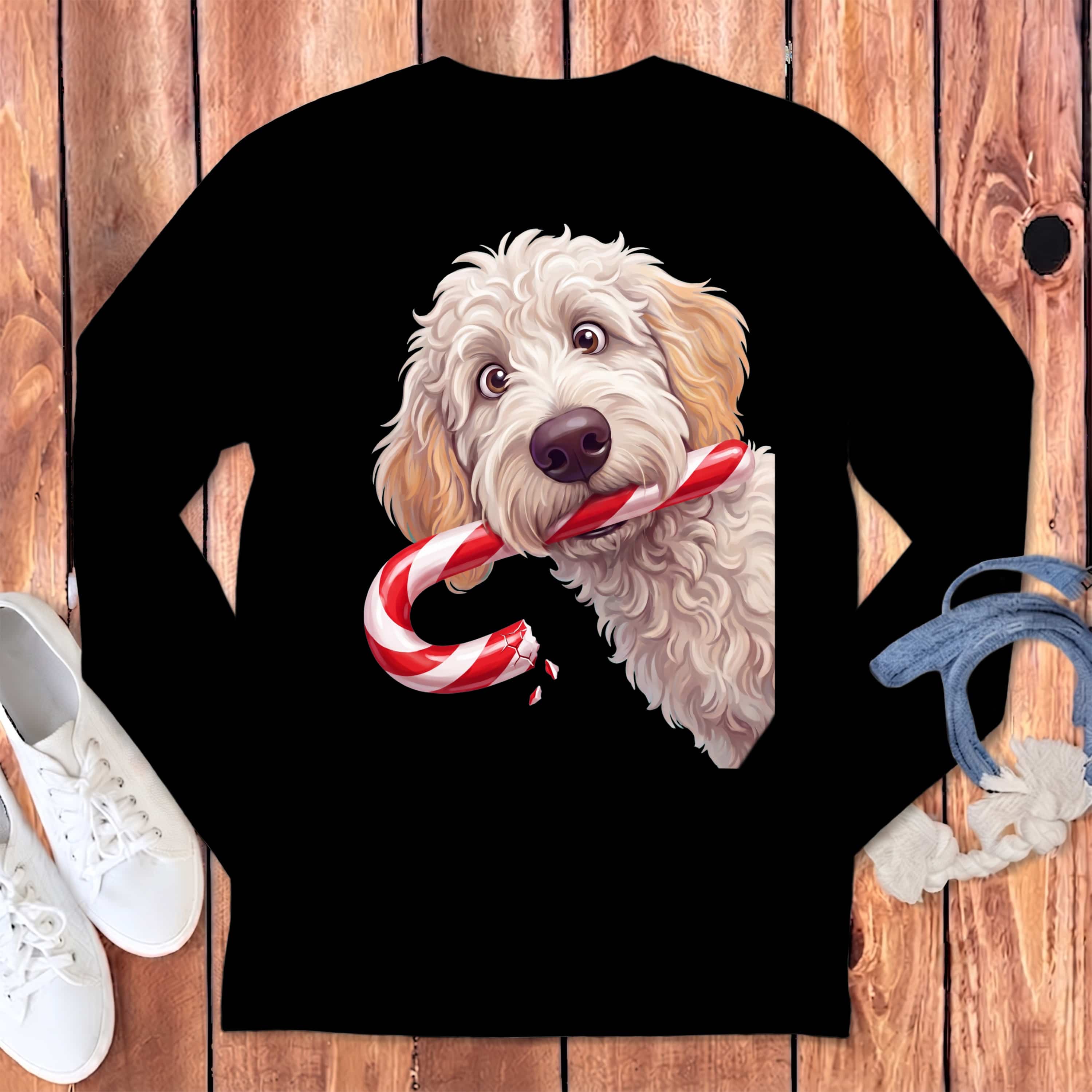 Maltipoo Candy Cane Thief Long Sleeve T-Shirt in Black / S by Puppy Jo