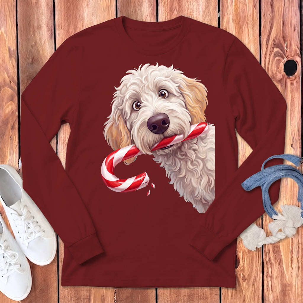 Maltipoo Candy Cane Thief Long Sleeve T-Shirt in Cardinal / S by Puppy Jo