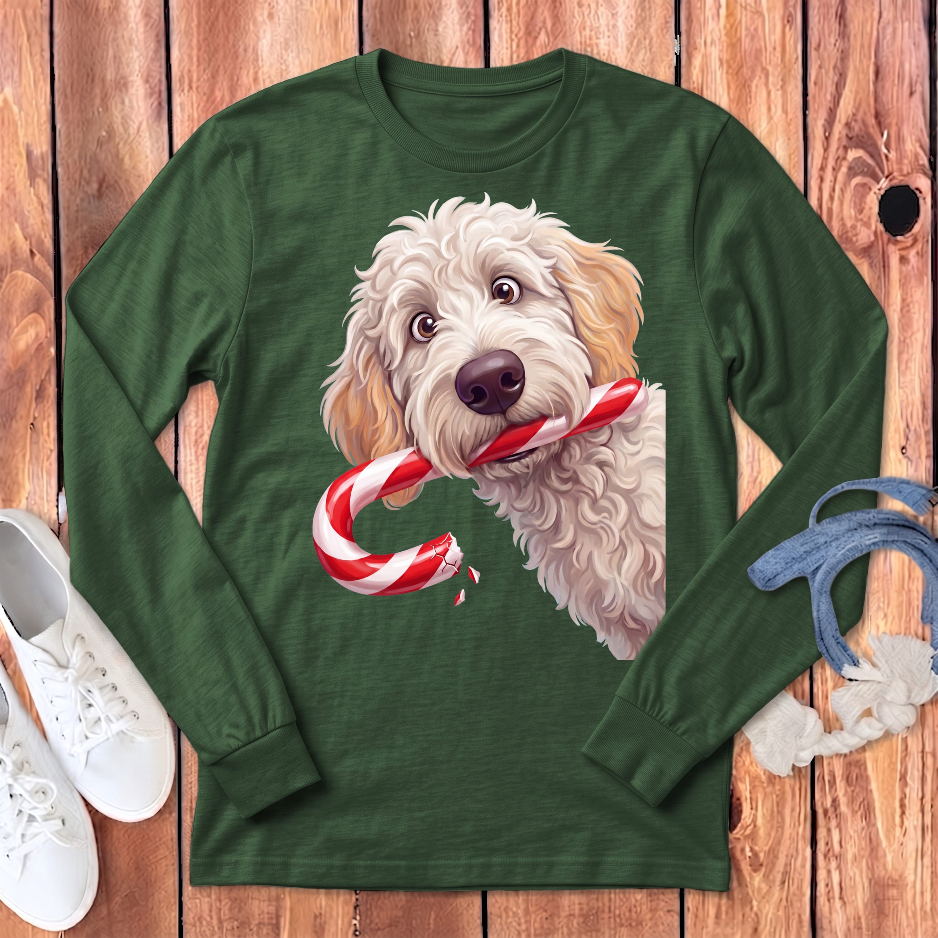 Maltipoo Candy Cane Thief Long Sleeve T-Shirt in Heather Forest / S by Puppy Jo