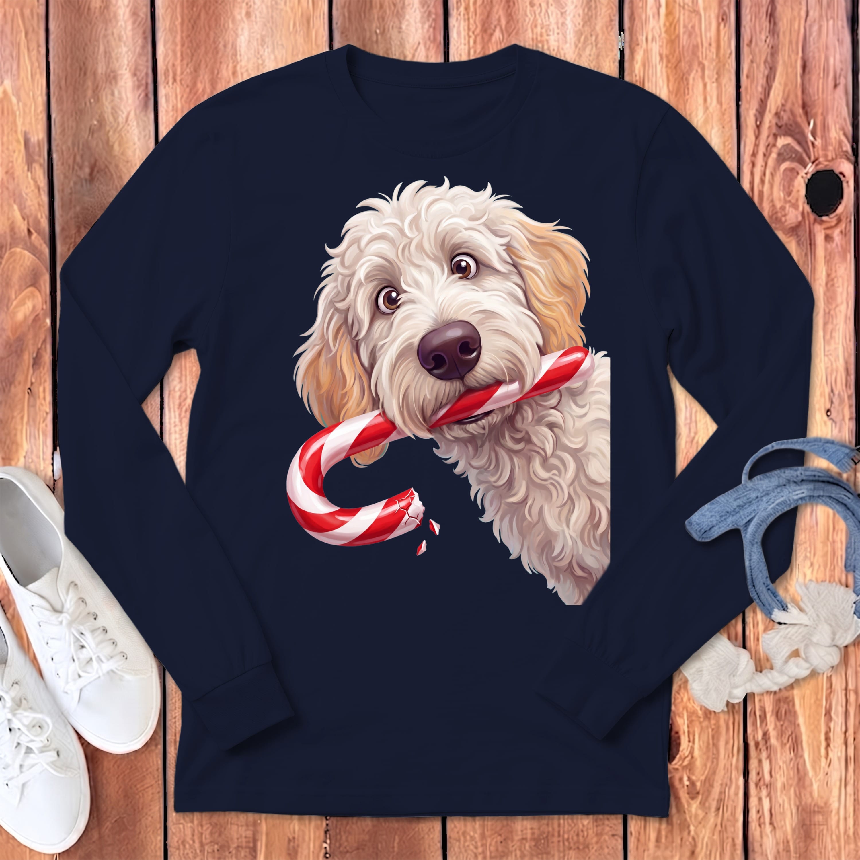 Maltipoo Candy Cane Thief Long Sleeve T-Shirt in Navy / S by Puppy Jo