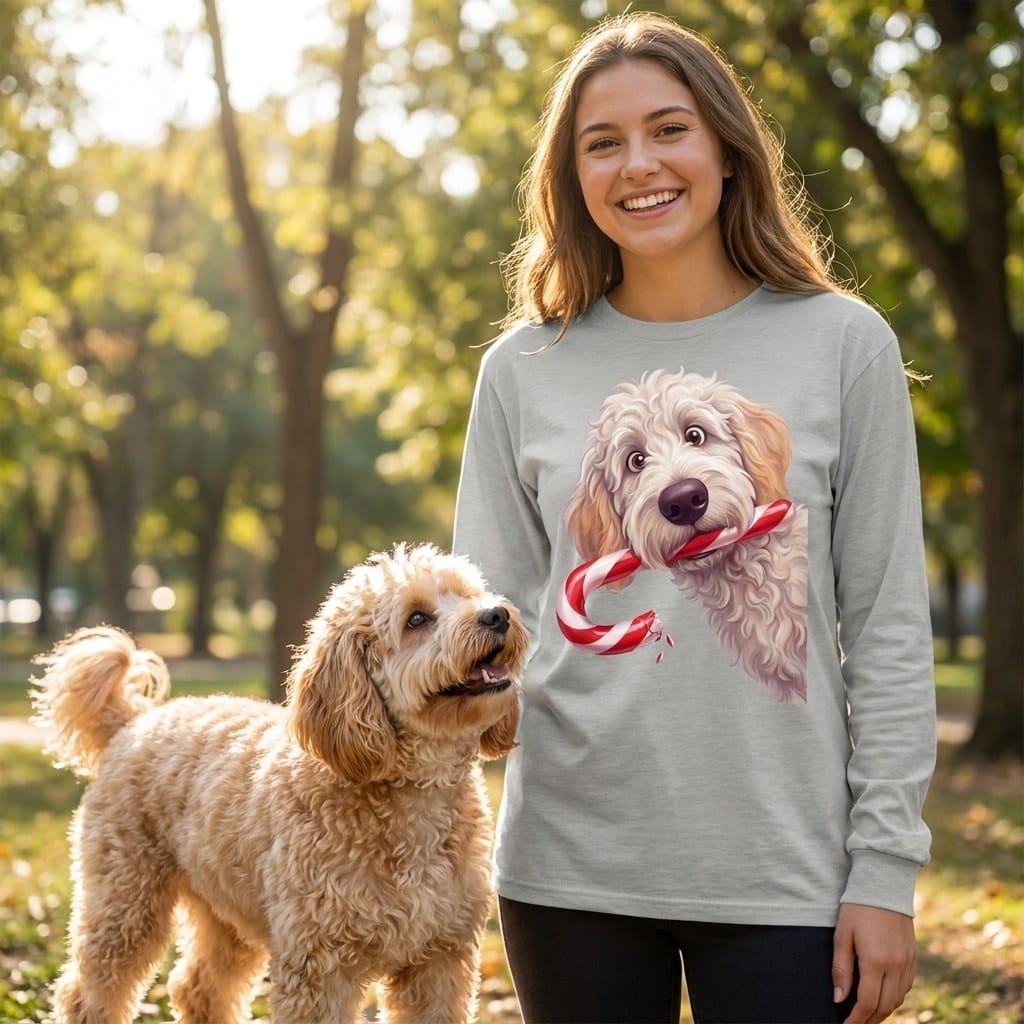 Maltipoo Candy Cane Thief Long Sleeve T-Shirt in by Puppy Jo