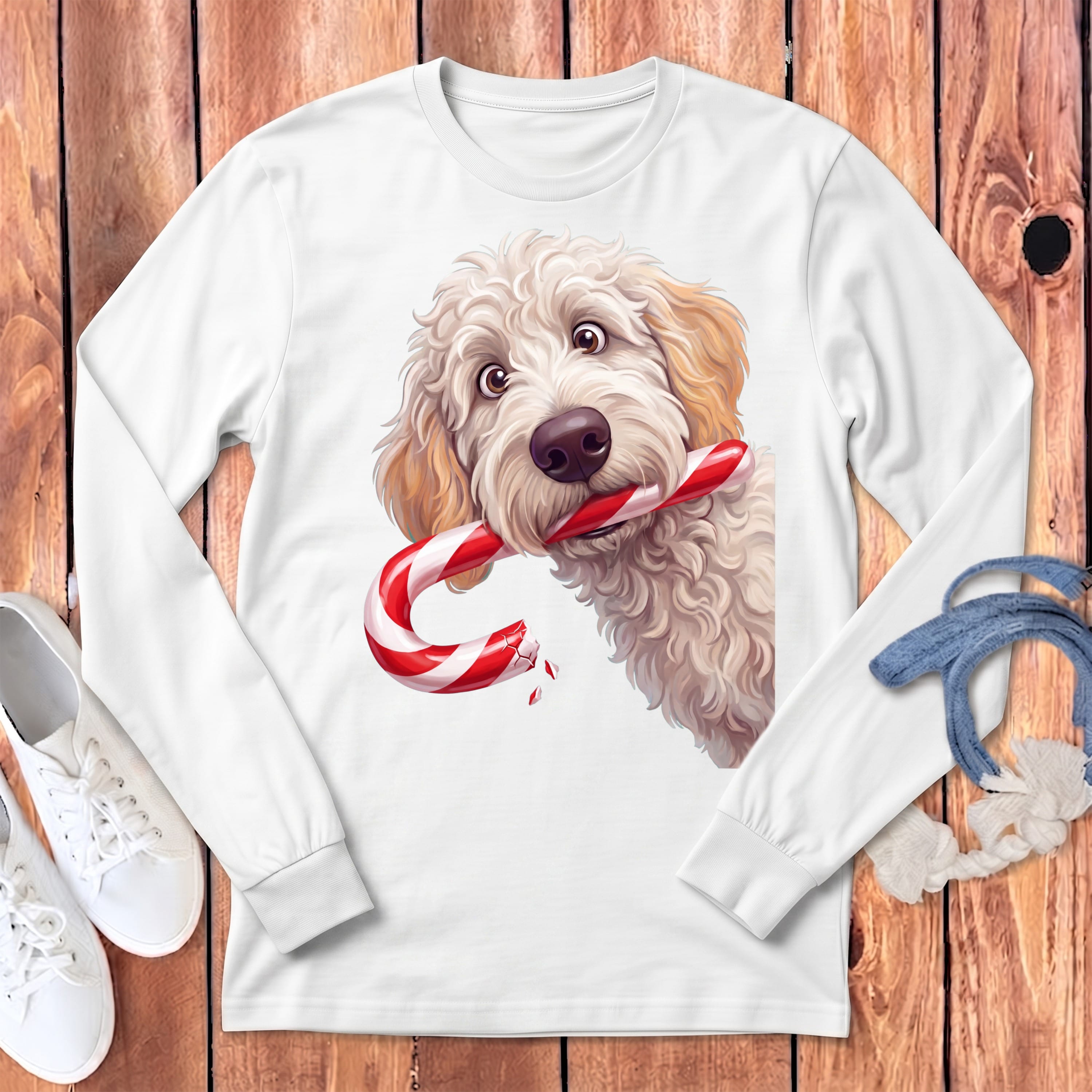 Maltipoo Candy Cane Thief Long Sleeve T-Shirt in White / S by Puppy Jo