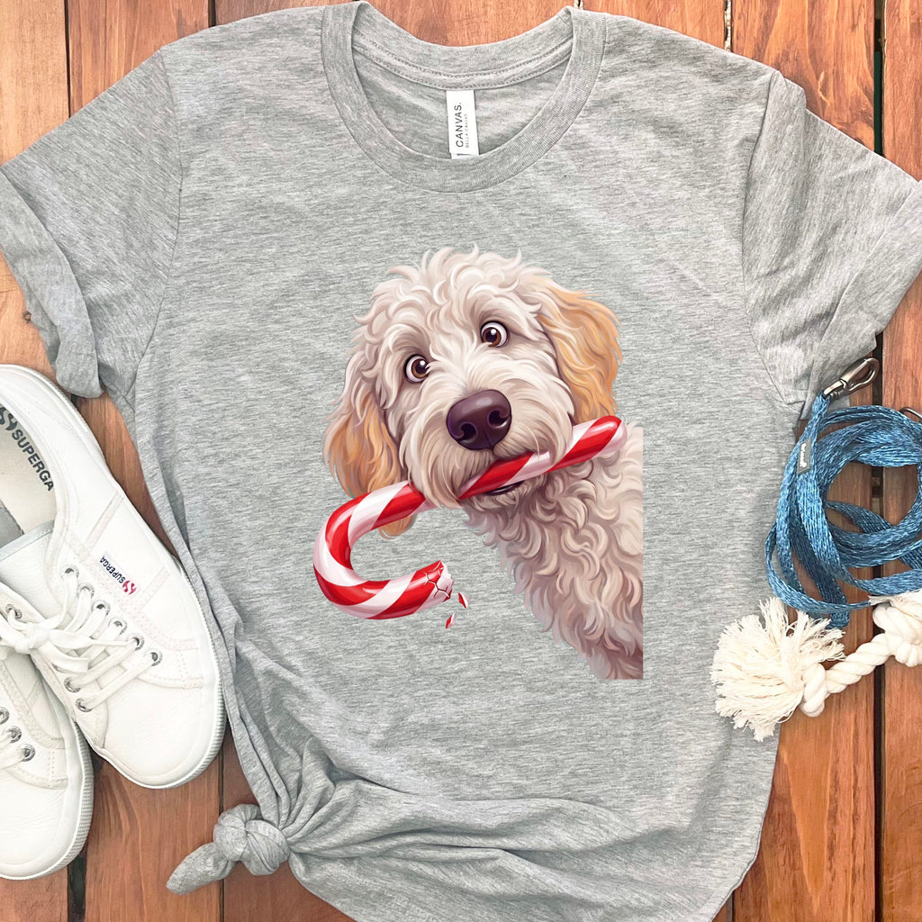 Maltipoo Candy Cane Thief T-Shirt in Athletic Heather / S by Puppy Jo
