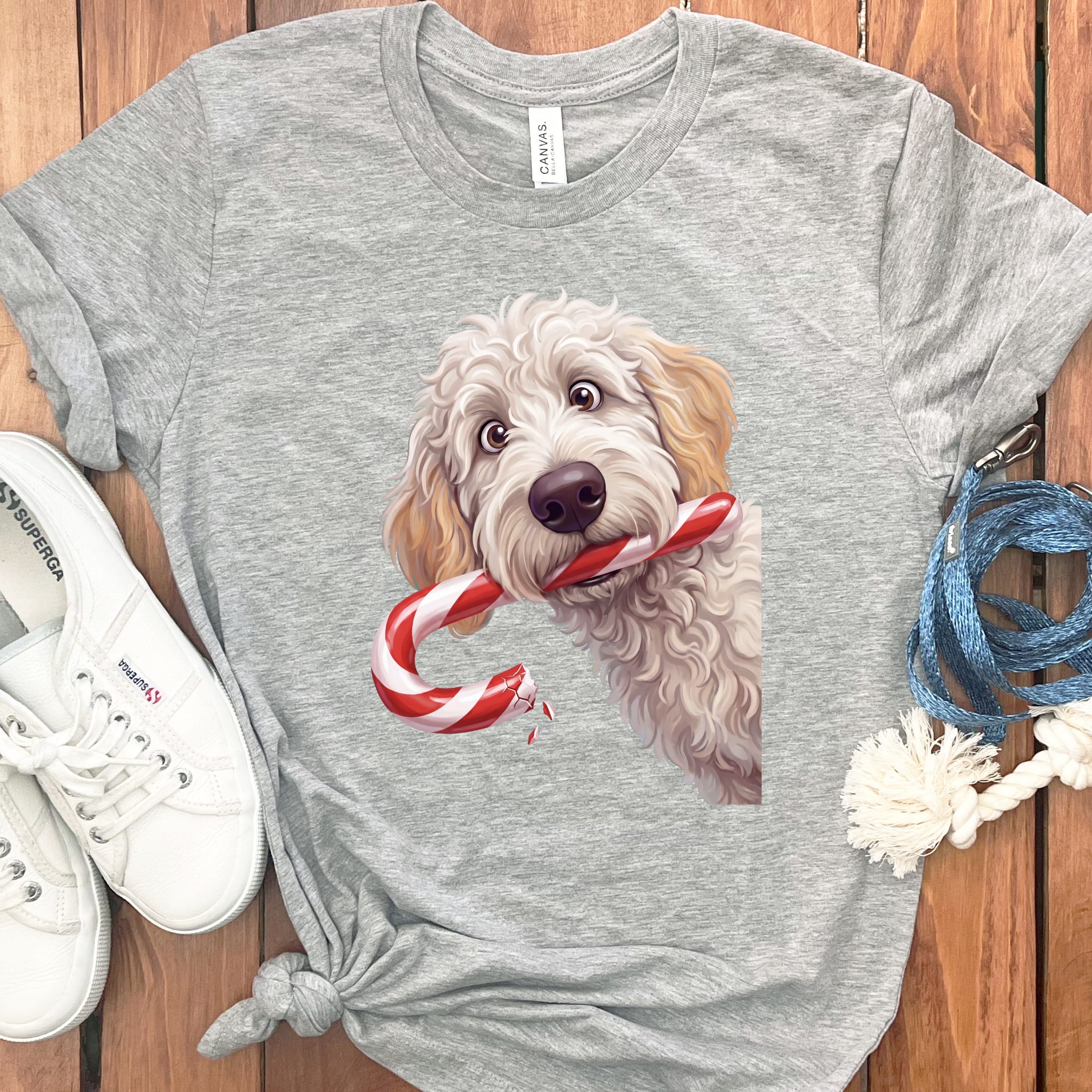 Maltipoo Candy Cane Thief T-Shirt in Athletic Heather / S by Puppy Jo