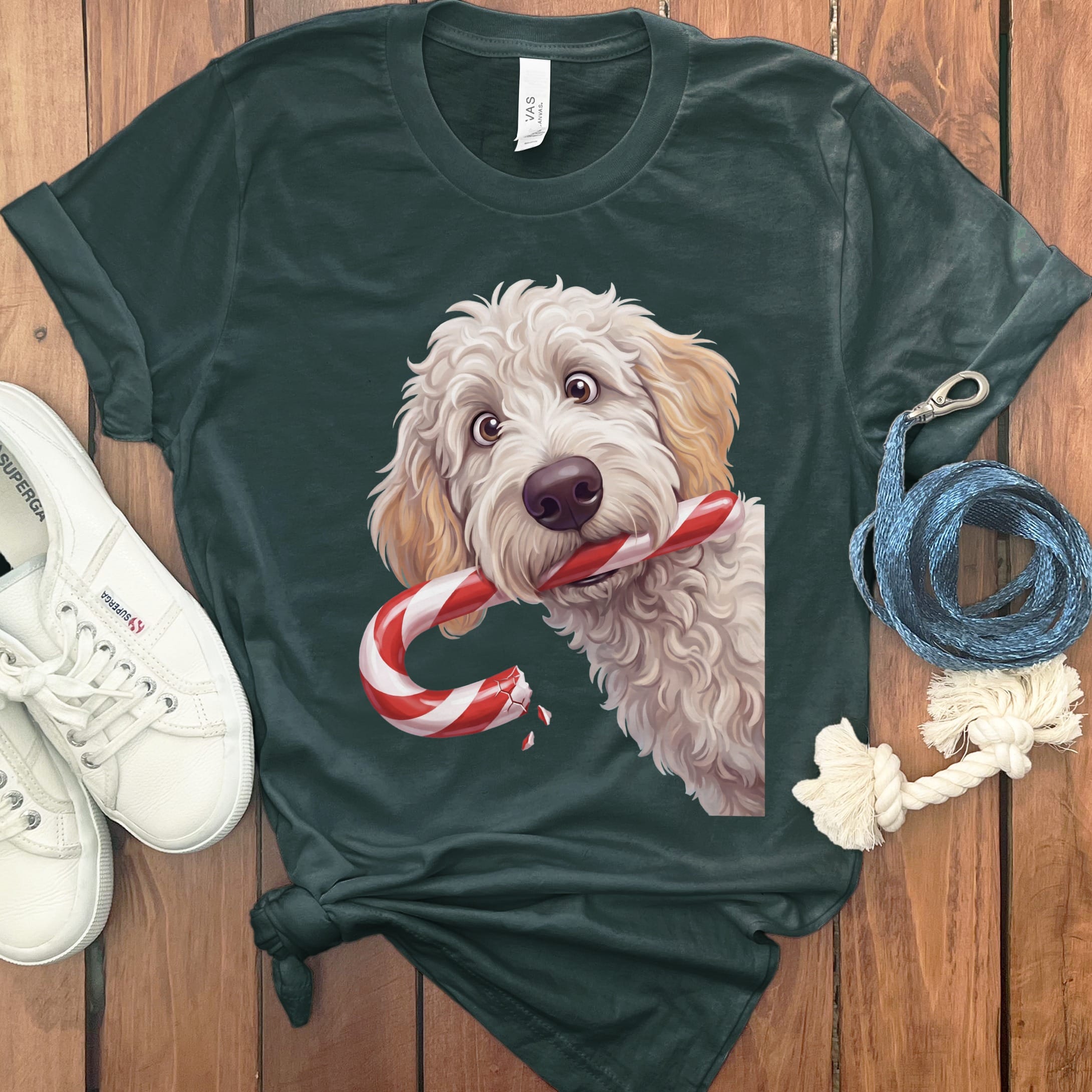 Maltipoo Candy Cane Thief T-Shirt in Forest / S by Puppy Jo