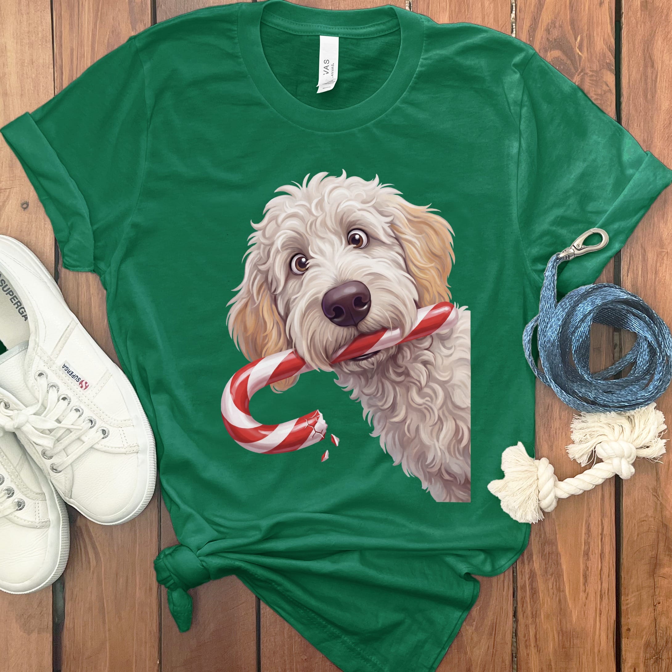 Maltipoo Candy Cane Thief T-Shirt in Kelly / S by Puppy Jo