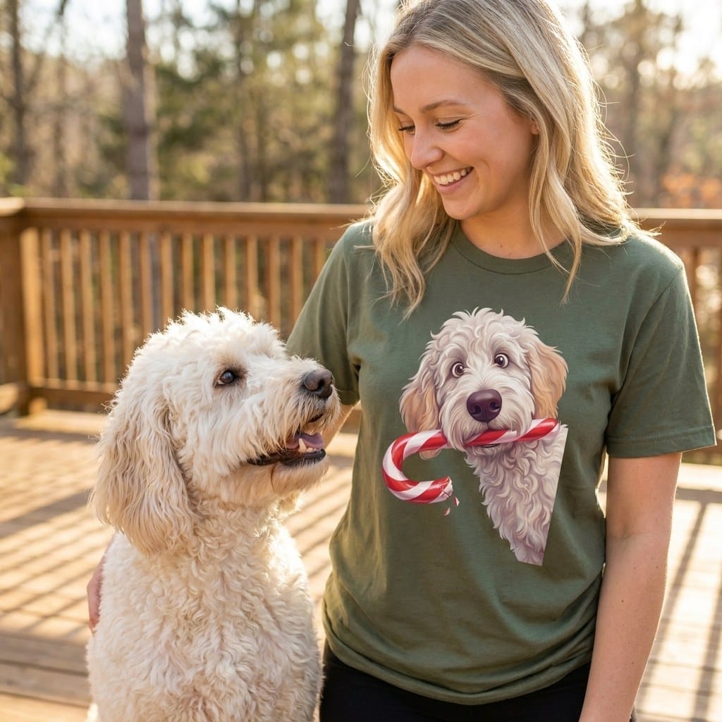 Maltipoo Candy Cane Thief T-Shirt in by Puppy Jo
