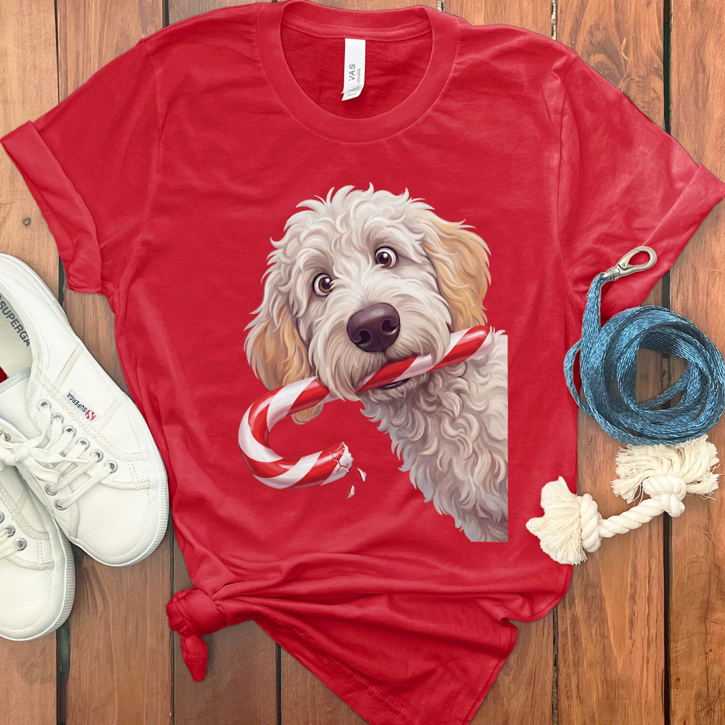 Maltipoo Candy Cane Thief T-Shirt in Red / S by Puppy Jo