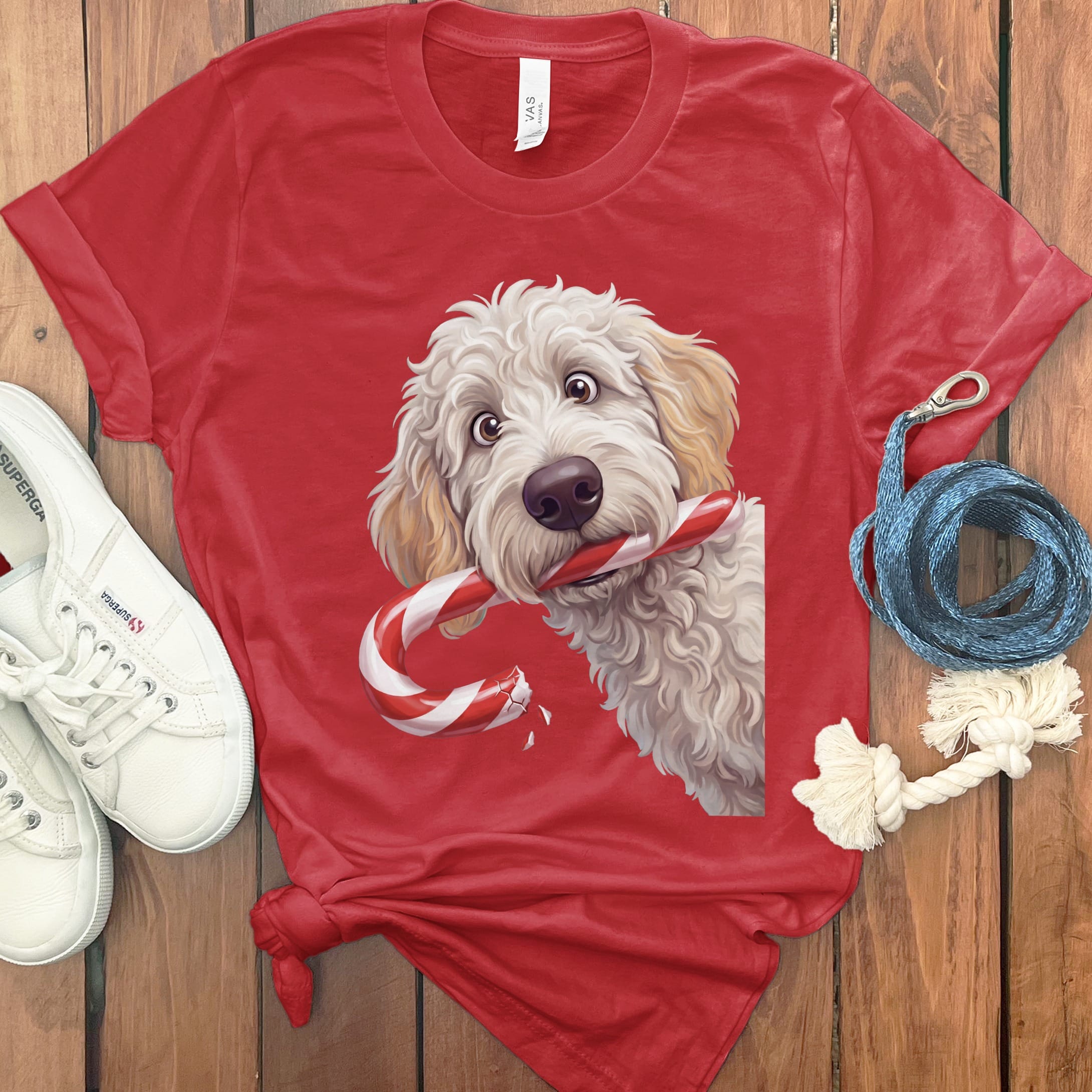 Maltipoo Candy Cane Thief T-Shirt in Red / S by Puppy Jo