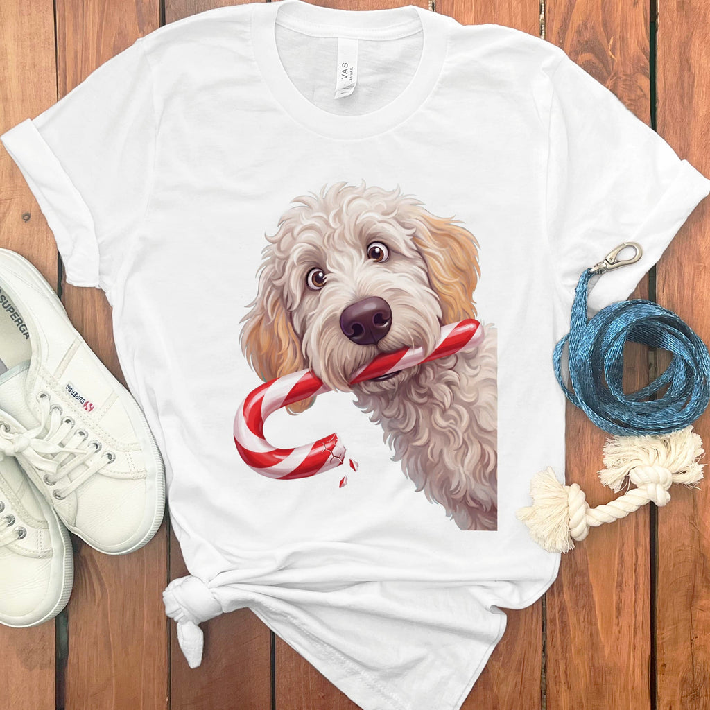 Maltipoo Candy Cane Thief T-Shirt in White / S by Puppy Jo