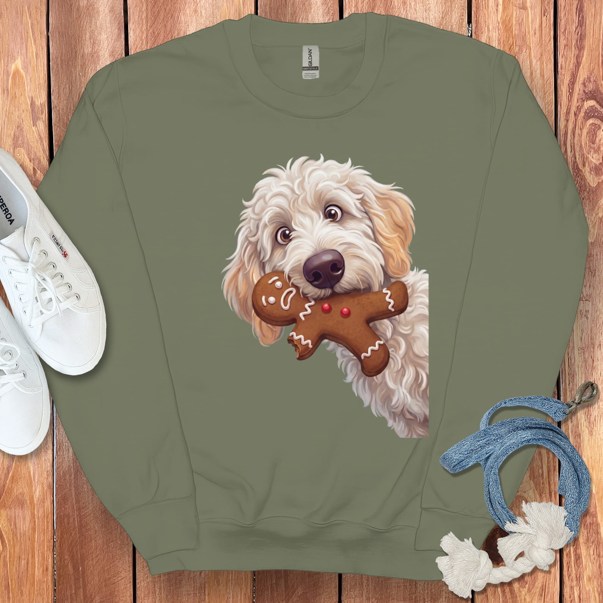 Maltipoo Cookie Thief Sweatshirt in Military Green / S by Puppy Jo
