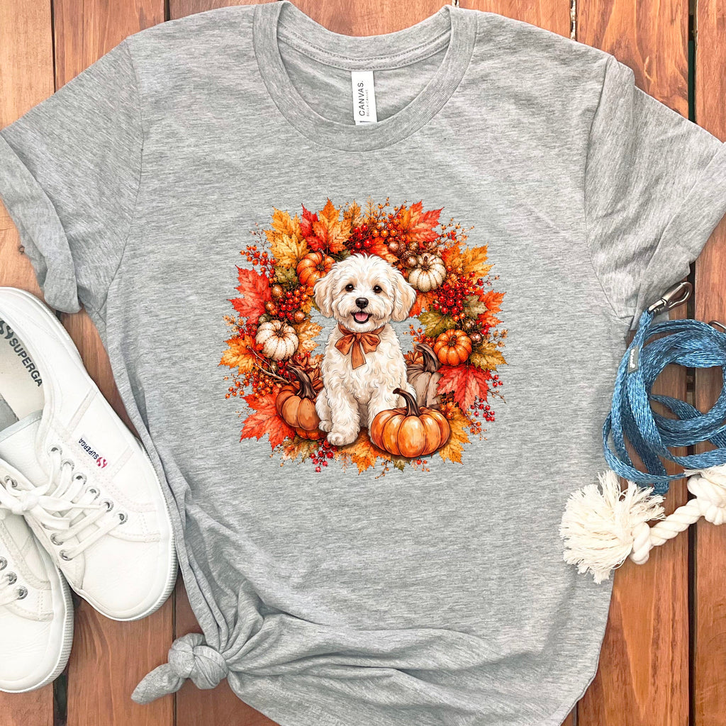 Maltipoo Fall Wreath T-Shirt in Athletic Heather / S by Puppy Jo