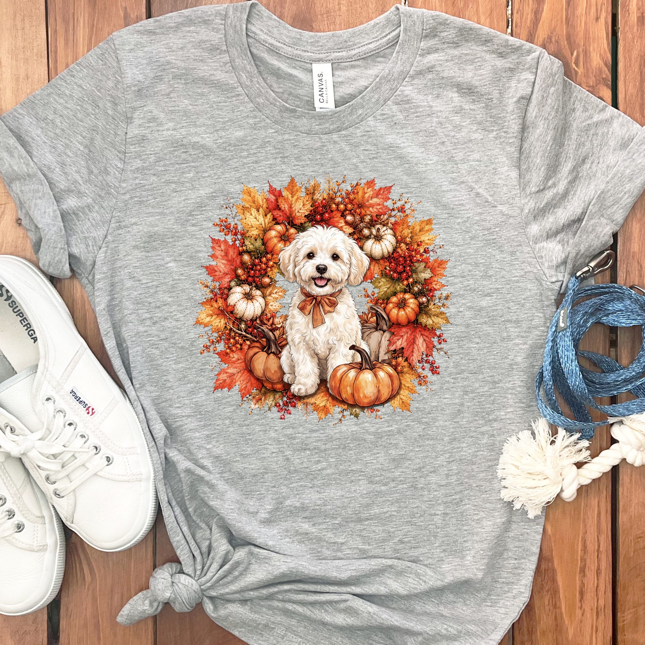 Maltipoo Fall Wreath T-Shirt in Athletic Heather / S by Puppy Jo