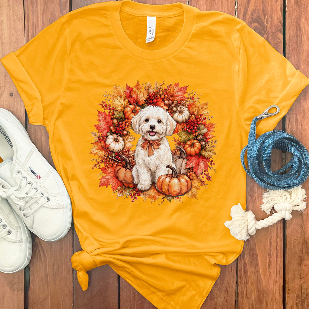 Maltipoo Fall Wreath T-Shirt in Gold / S by Puppy Jo