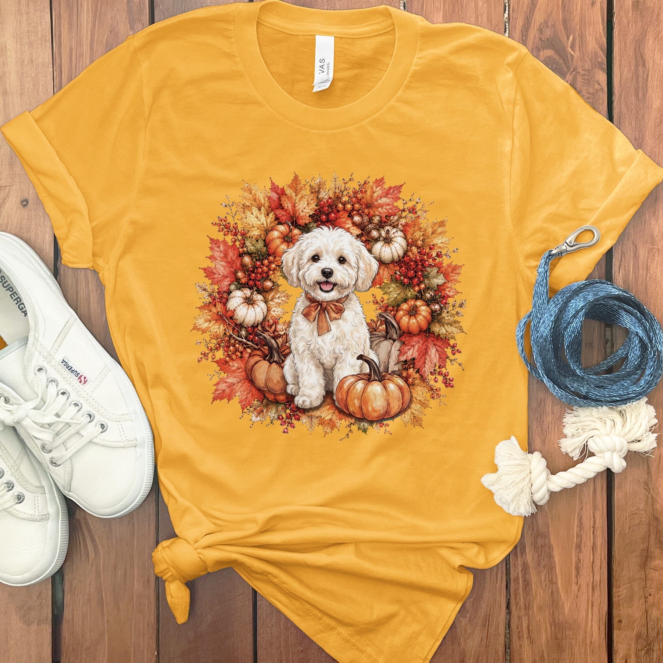 Maltipoo Fall Wreath T-Shirt in Gold / S by Puppy Jo