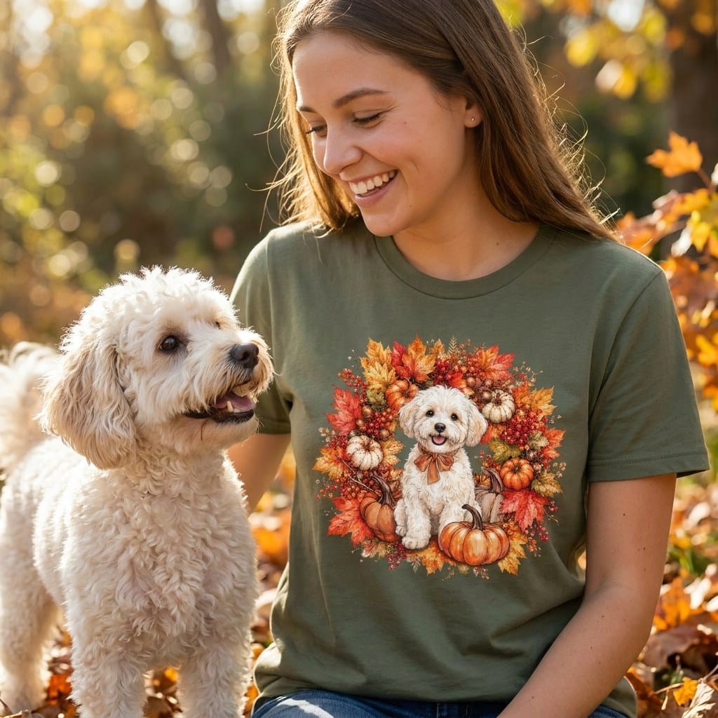 Maltipoo Fall Wreath T-Shirt in by Puppy Jo