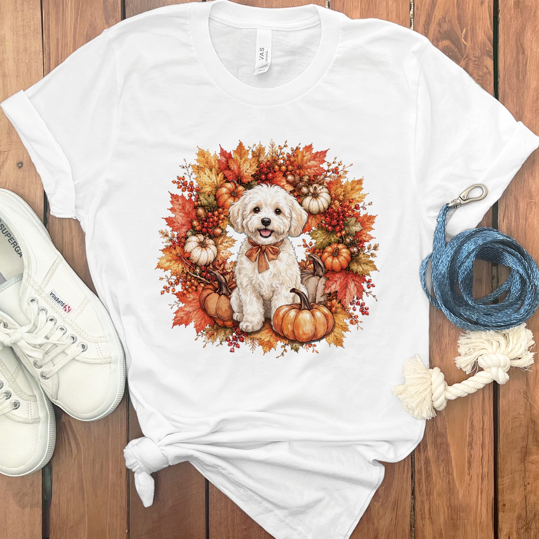 Maltipoo Fall Wreath T-Shirt in White / S by Puppy Jo