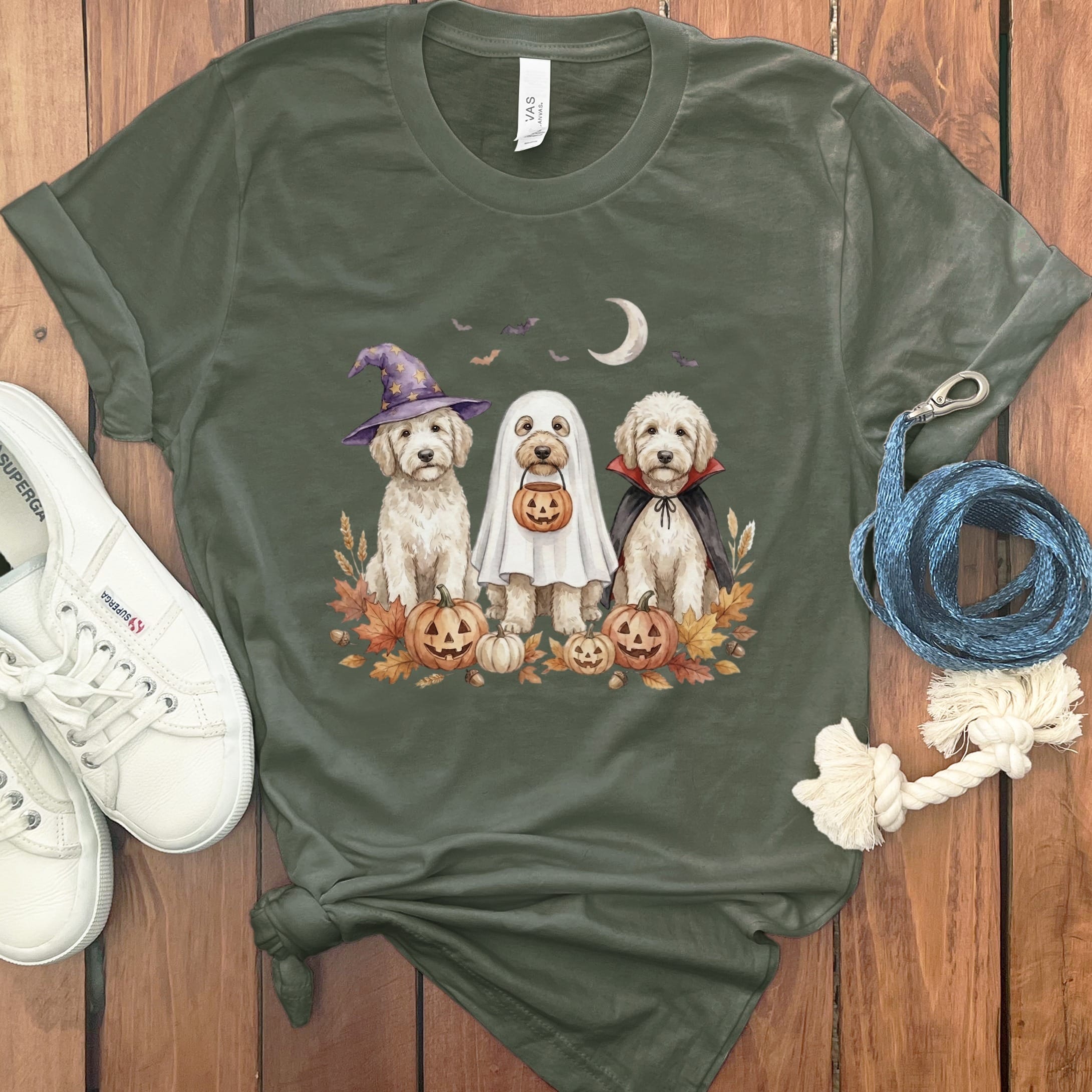 Maltipoo Halloween Crew T-Shirt in Military Green / S by Puppy Jo