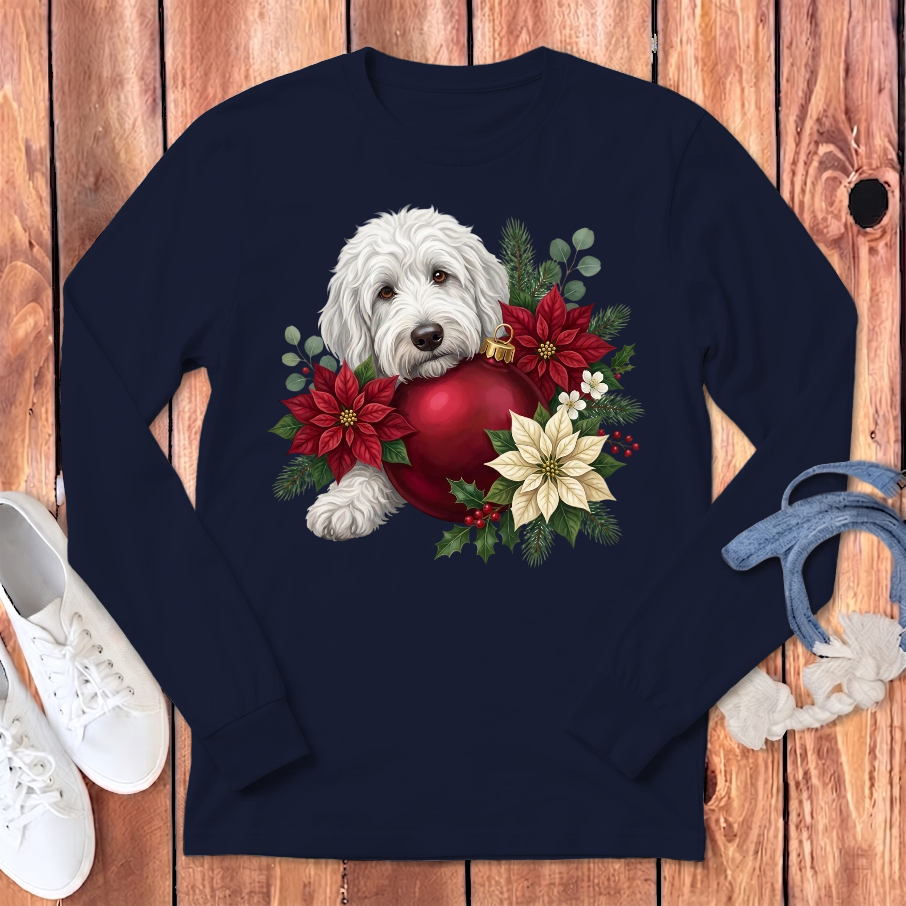 Maltipoo Holiday Cheer Long Sleeve T-Shirt in Navy / S by Puppy Jo