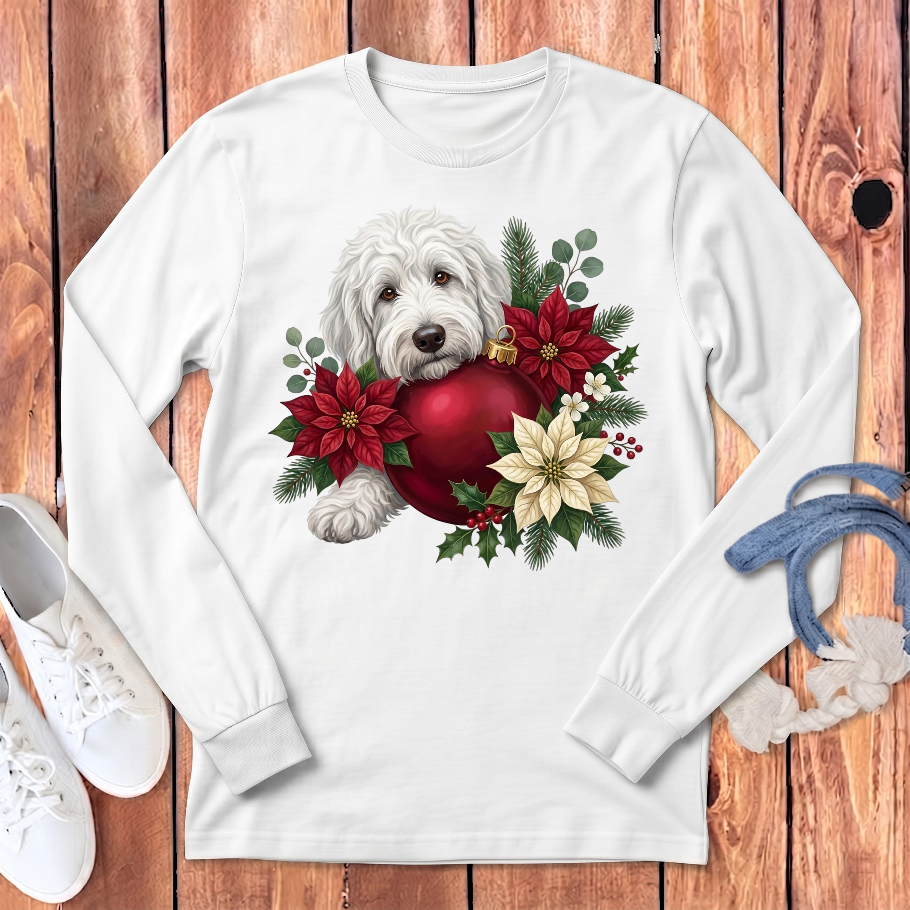 Maltipoo Holiday Cheer Long Sleeve T-Shirt in White / S by Puppy Jo