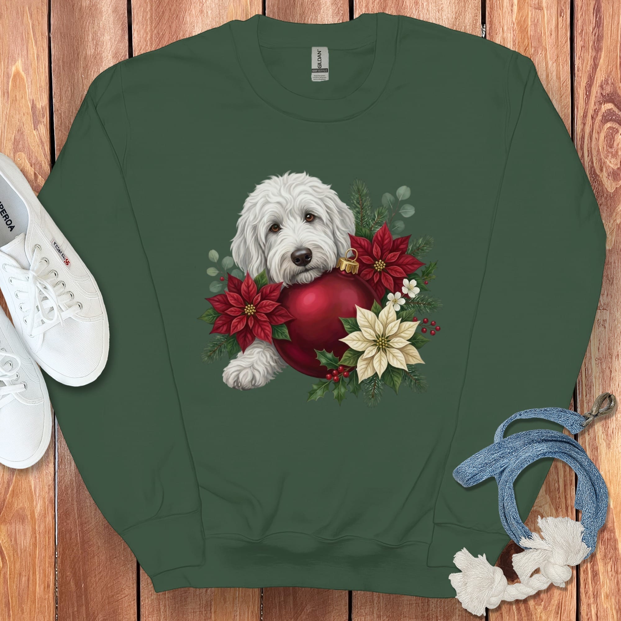 Maltipoo Holiday Cheer Sweatshirt in Forest Green / S by Puppy Jo