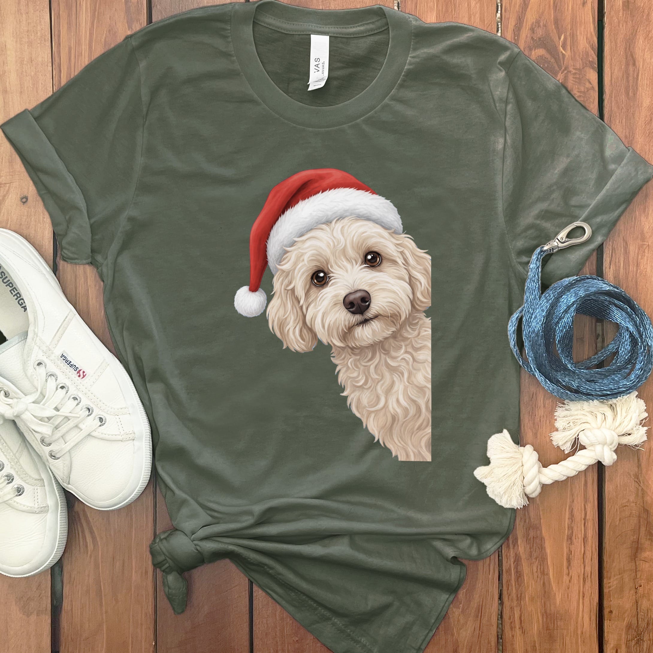 Maltipoo Holiday Santa T-Shirt in Military Green / S by Puppy Jo