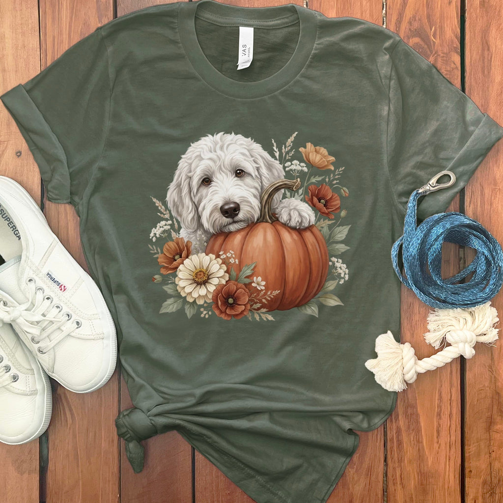 Maltipoo Pumpkin Hug T-Shirt in Military Green / S by Puppy Jo