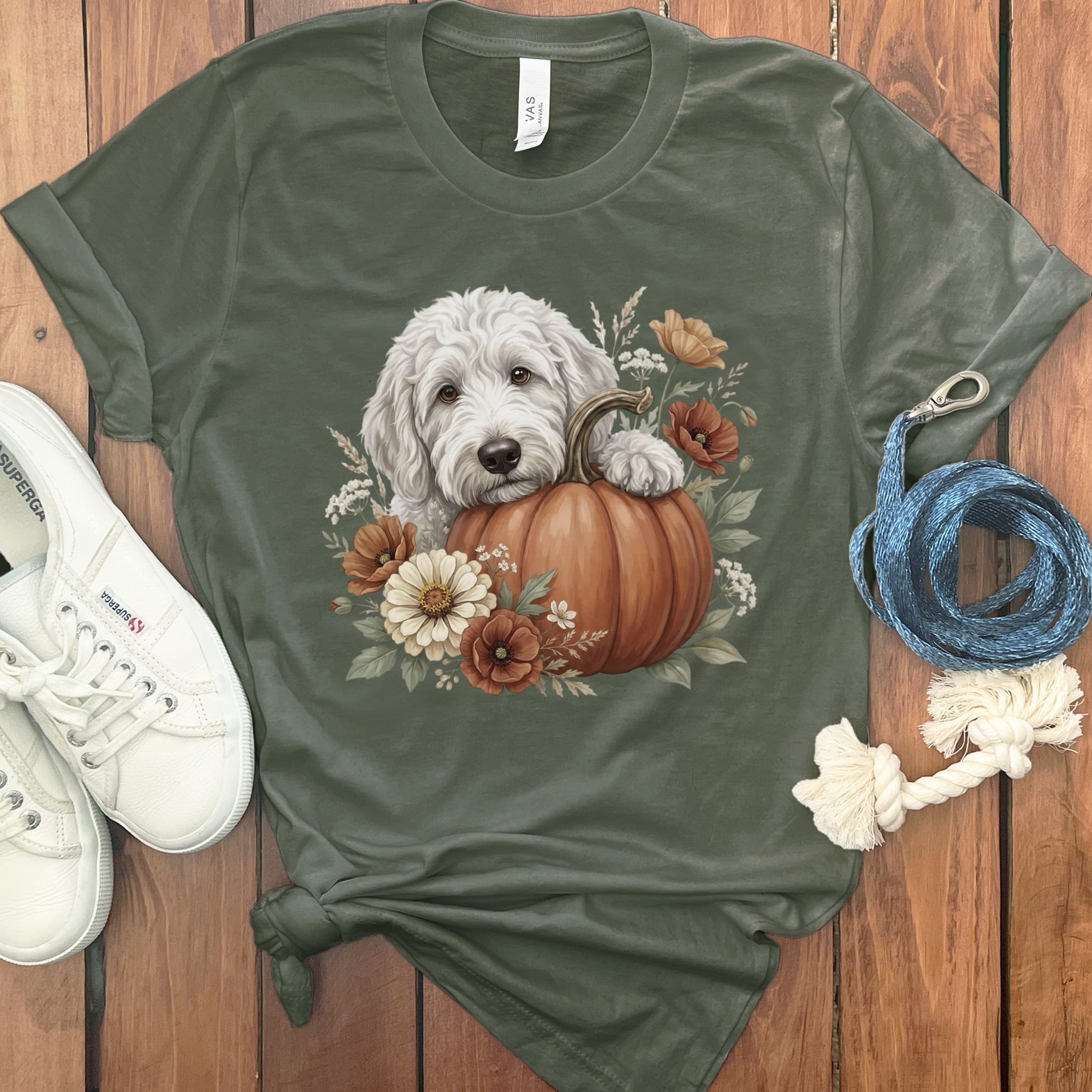 Maltipoo Pumpkin Hug T-Shirt in Military Green / S by Puppy Jo