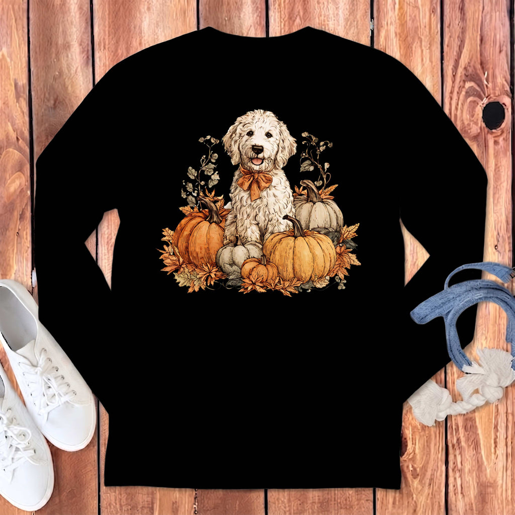 Maltipoo Pumpkin Time Long Sleeve T-Shirt in S / Black by Puppy Jo