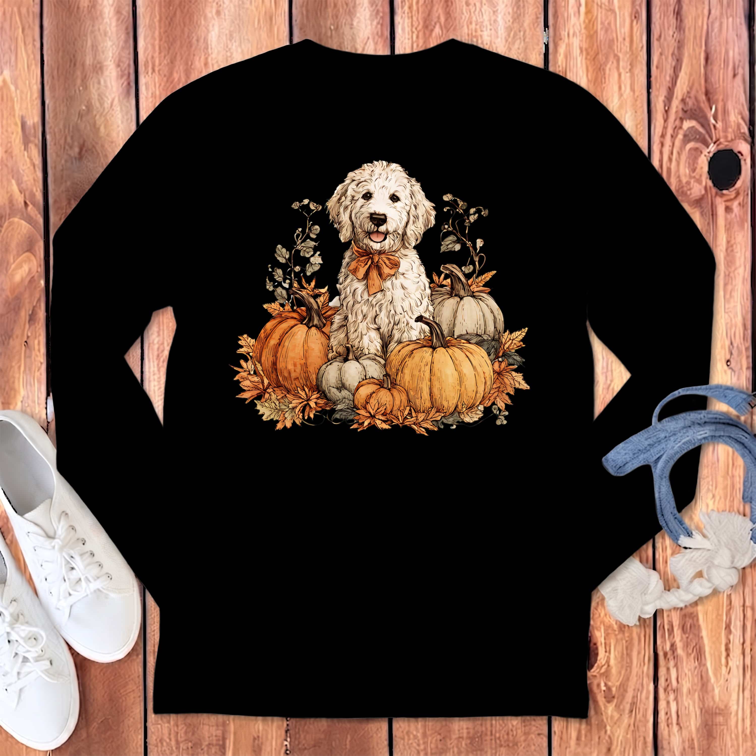 Maltipoo Pumpkin Time Long Sleeve T-Shirt in S / Black by Puppy Jo