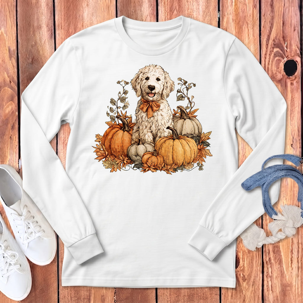 Maltipoo Pumpkin Time Long Sleeve T-Shirt in S / White by Puppy Jo