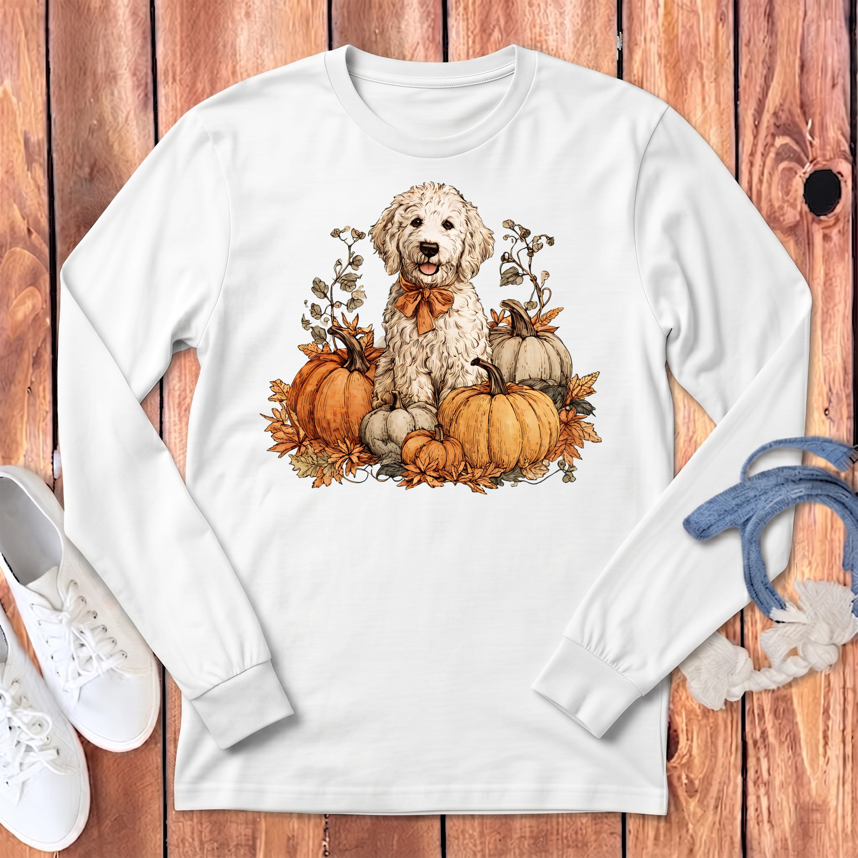 Maltipoo Pumpkin Time Long Sleeve T-Shirt in S / White by Puppy Jo