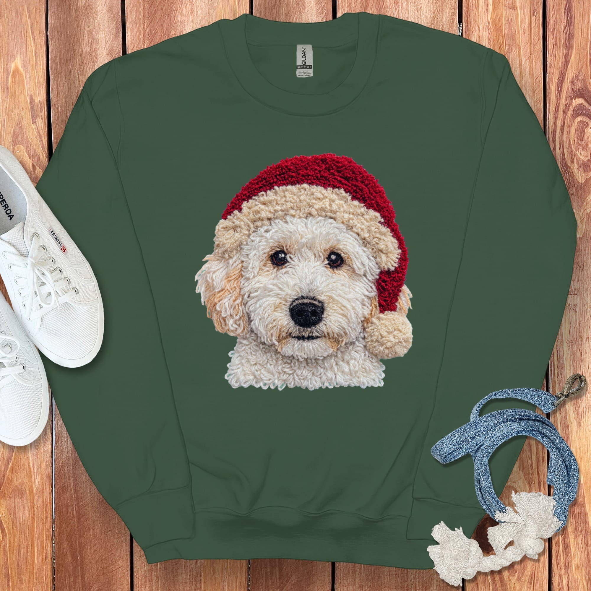 Maltipoo Santa Faux Yarn Sweatshirt in Forest Green / S by Puppy Jo