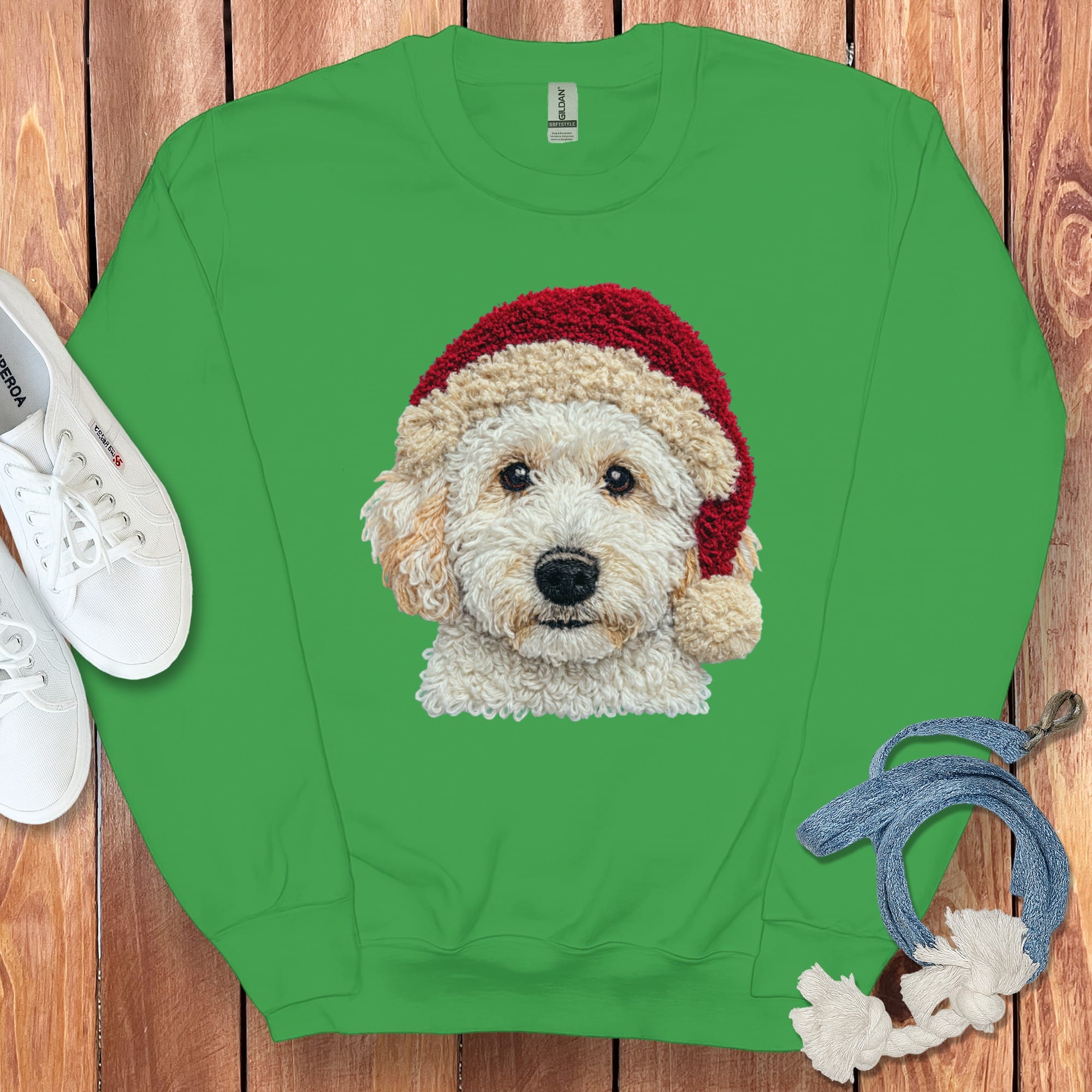 Maltipoo Santa Faux Yarn Sweatshirt in Irish Green / S by Puppy Jo
