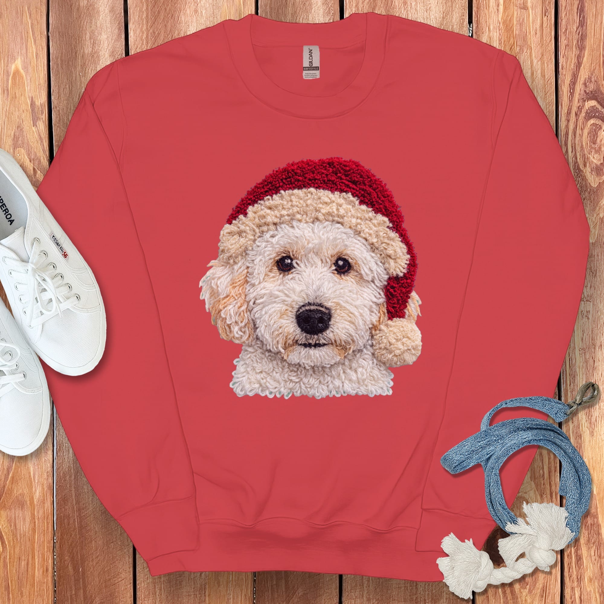 Maltipoo Santa Faux Yarn Sweatshirt in Red / S by Puppy Jo