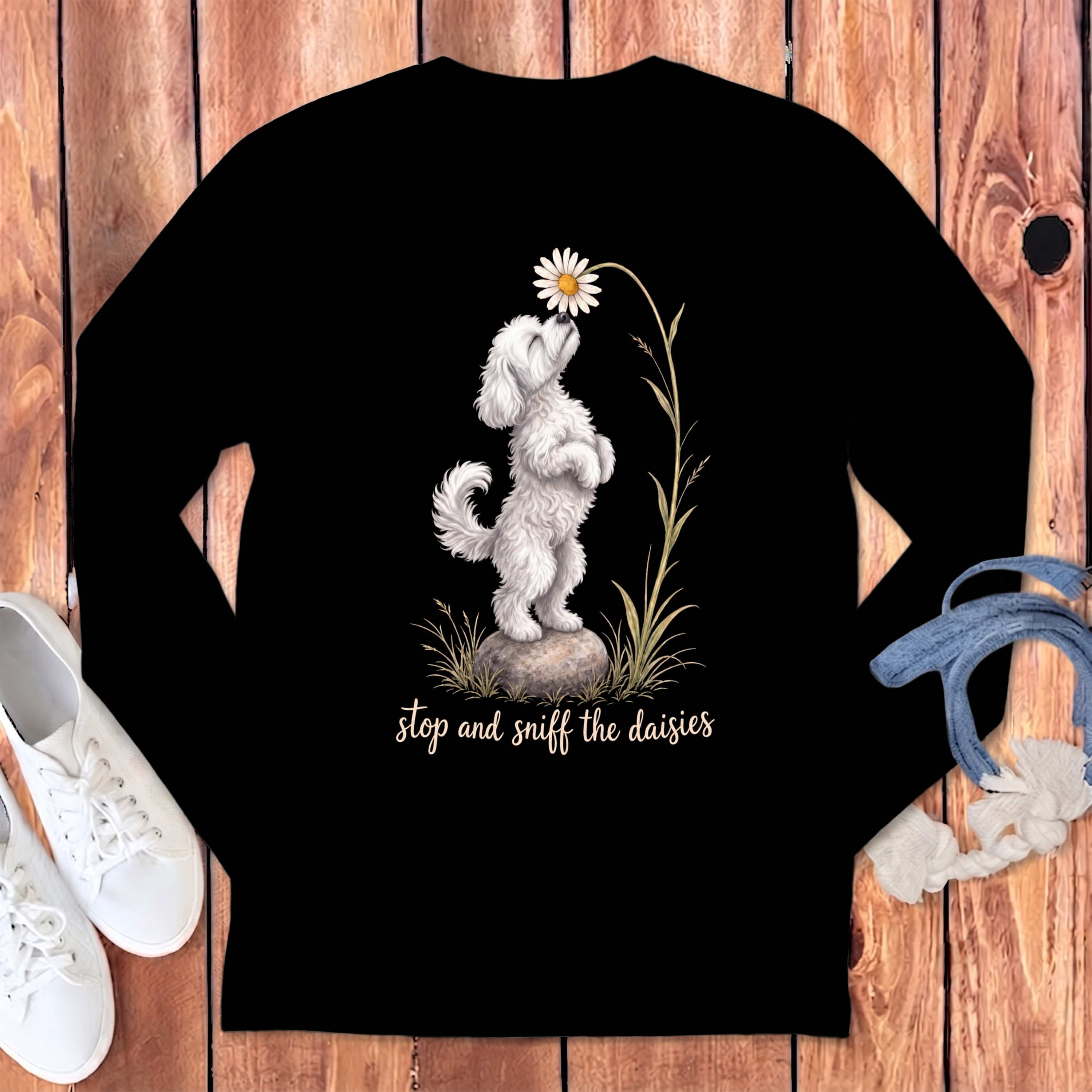 Maltipoo Sniff Daisies Long Sleeve T-Shirt in Black / S by Puppy Jo