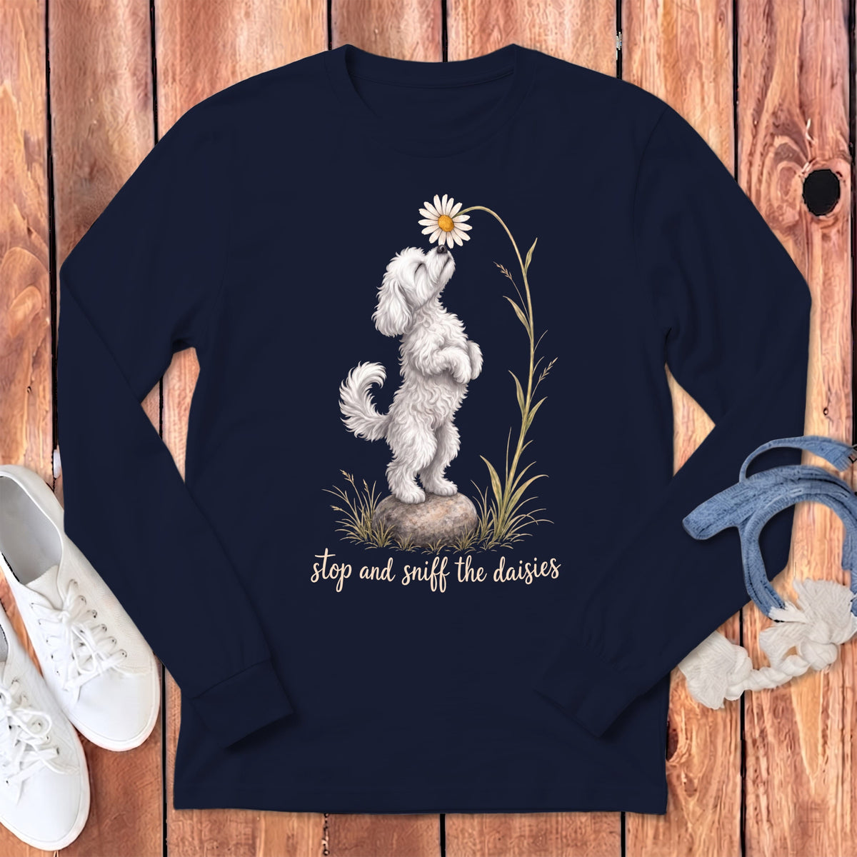 Maltipoo Sniff Daisies Long Sleeve T-Shirt in Navy / S by Puppy Jo