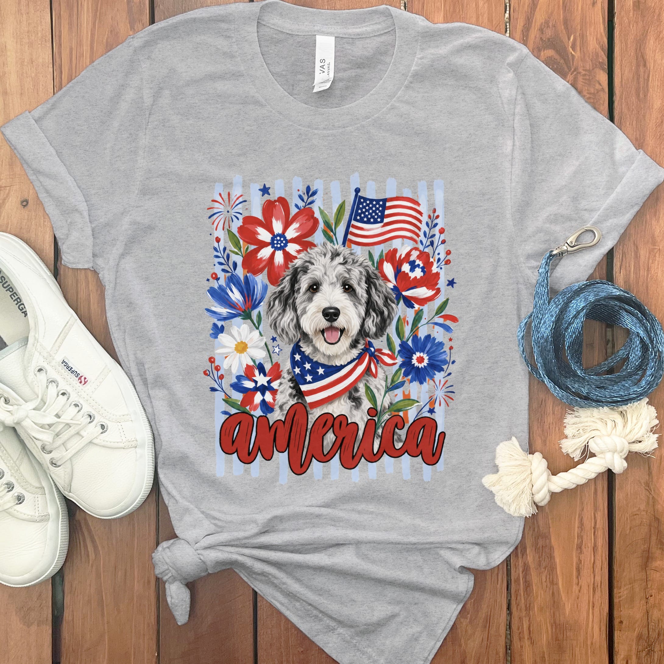 Merle Doodle America T-Shirt in Athletic Heather / S by Puppy Jo