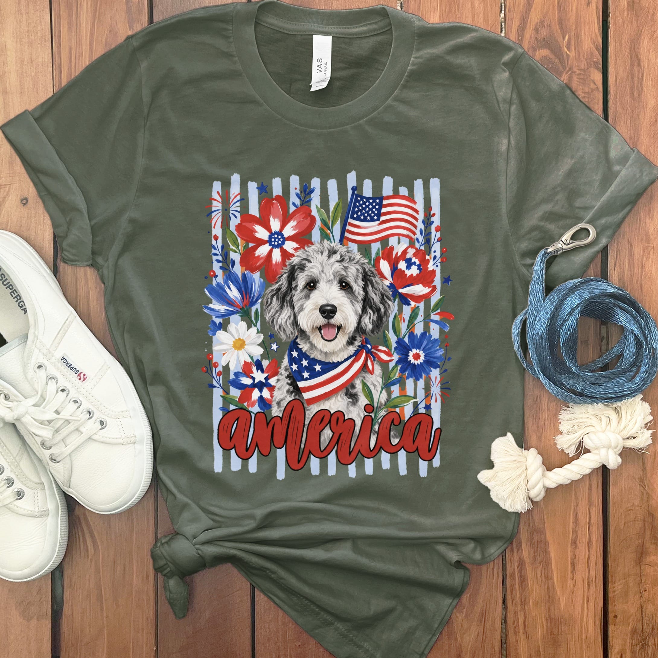 Merle Doodle America T-Shirt in Military Green / S by Puppy Jo